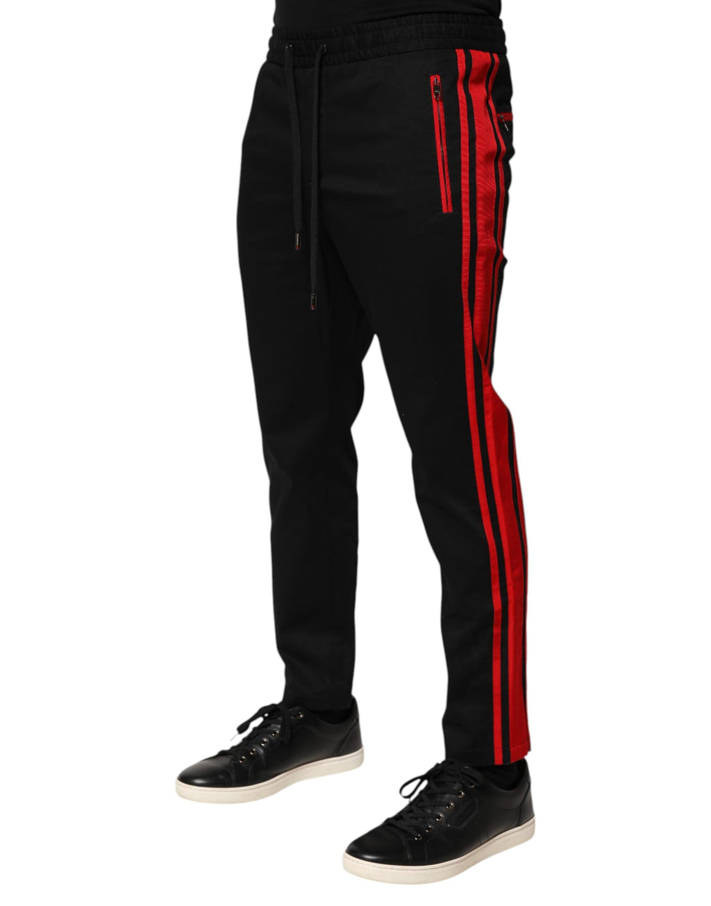 Joggeurs en coton rouge à rayures Dolce & Gabbana avec logo, pantalons de sport élégants et confortables pour homme.