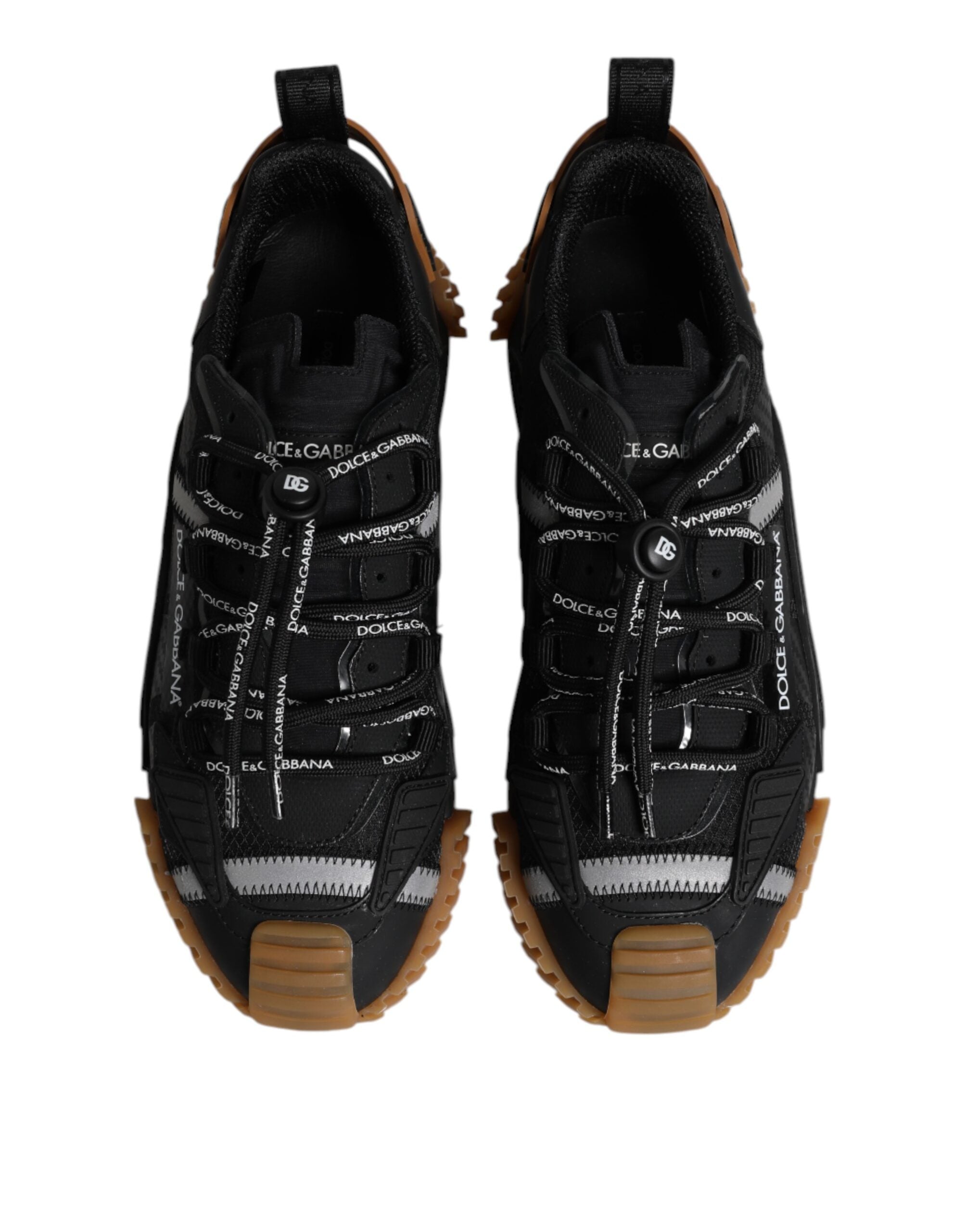 Chaussures sneakers basses Dolce & Gabbana noir avec logo en dentelle et laçage, vue de face.