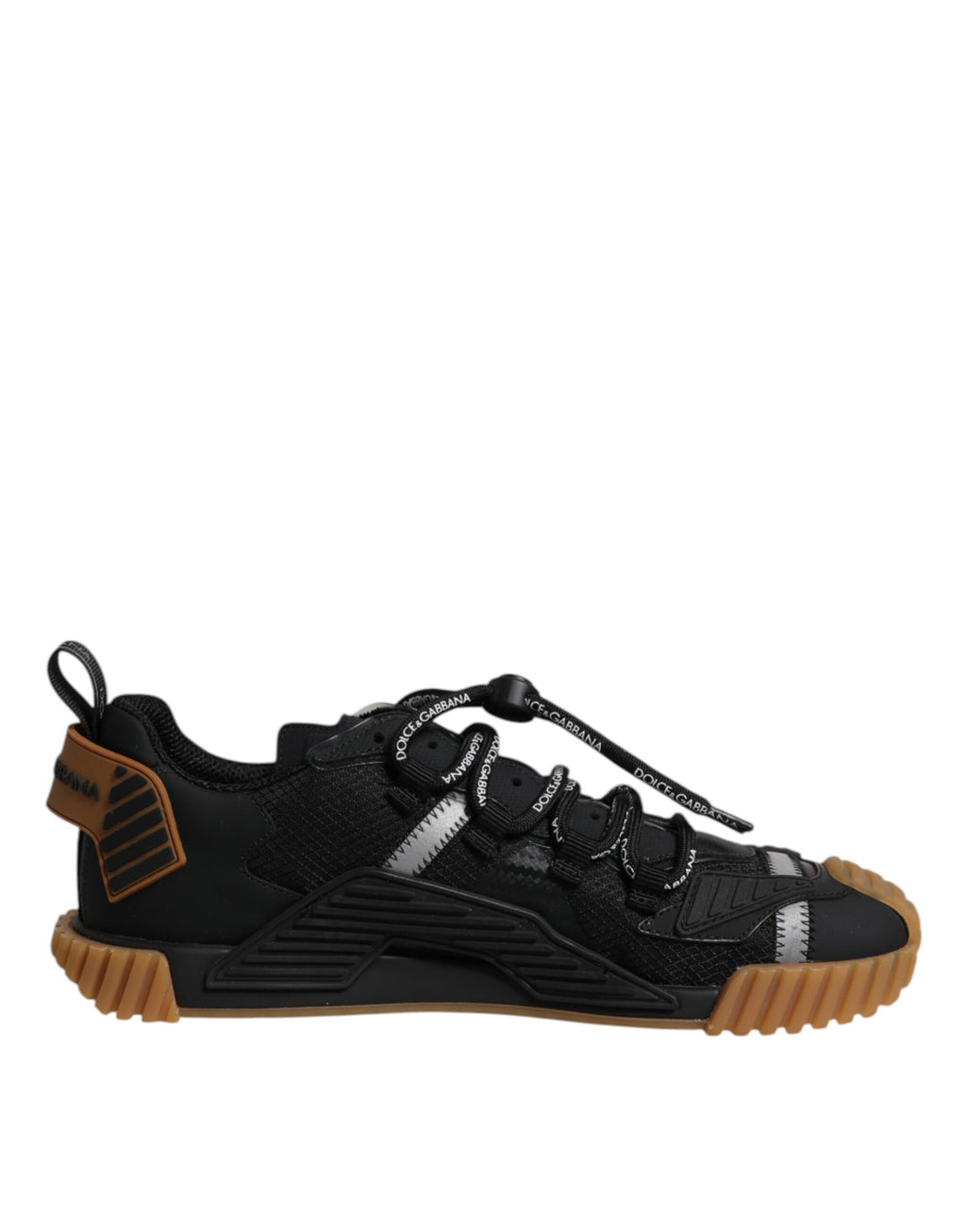 Chaussures sneakers basses Dolce & Gabbana NS1 noires avec logo en dentelle et lacets, vue de face.