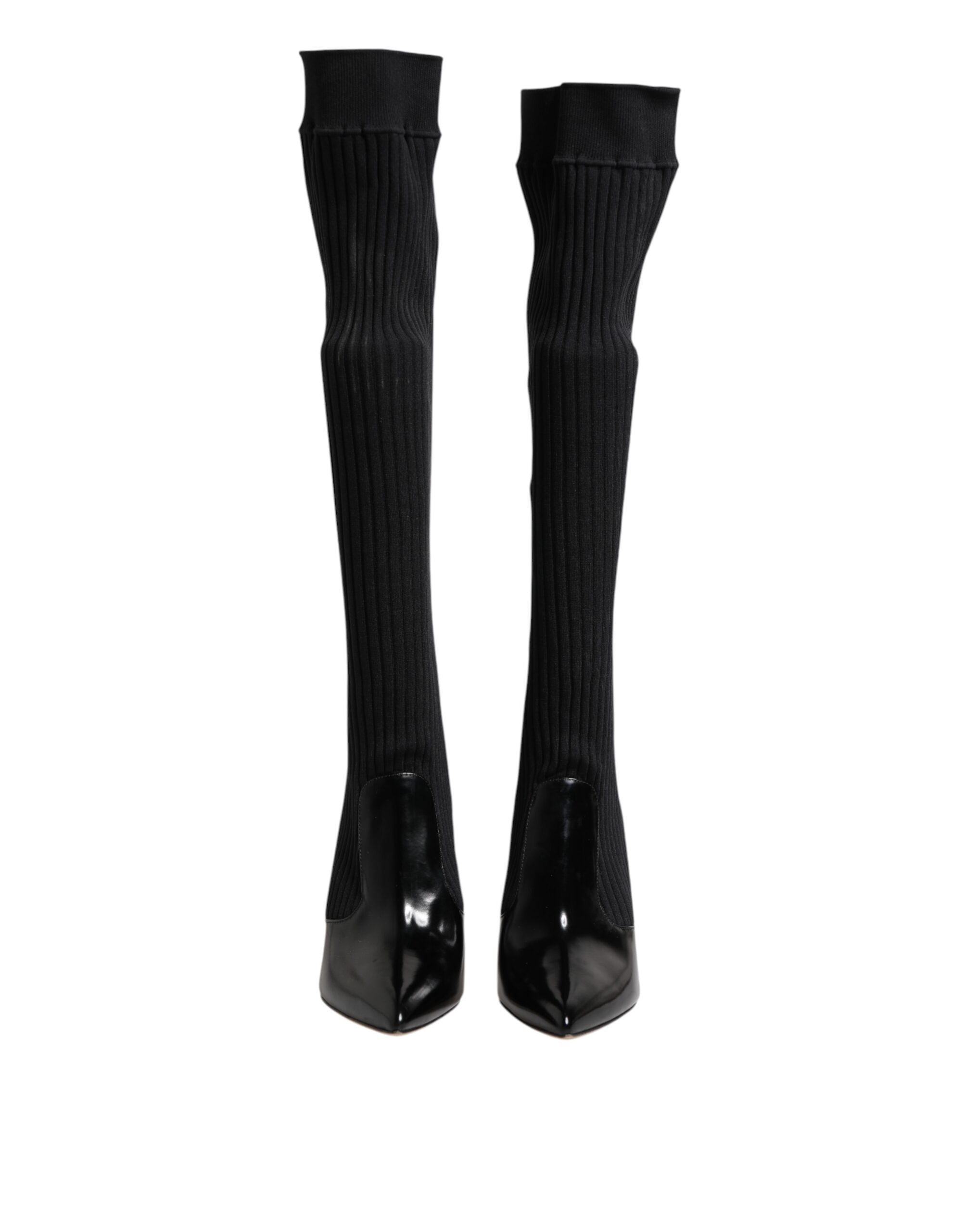 Bottes en cuir noir à côtes et talons hauts de Dolce & Gabbana, chaussures élégantes en style bottines.