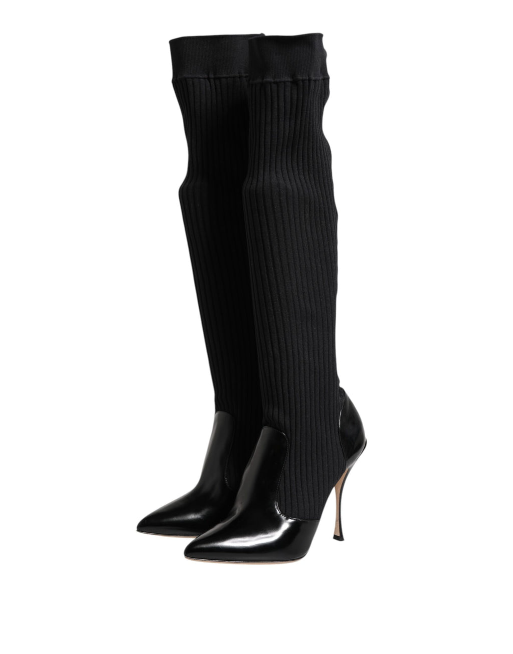 Bottes en cuir noir Dolce & Gabbana, mi-mollet, à rayures côtelées, chaussures élégantes pour femmes.