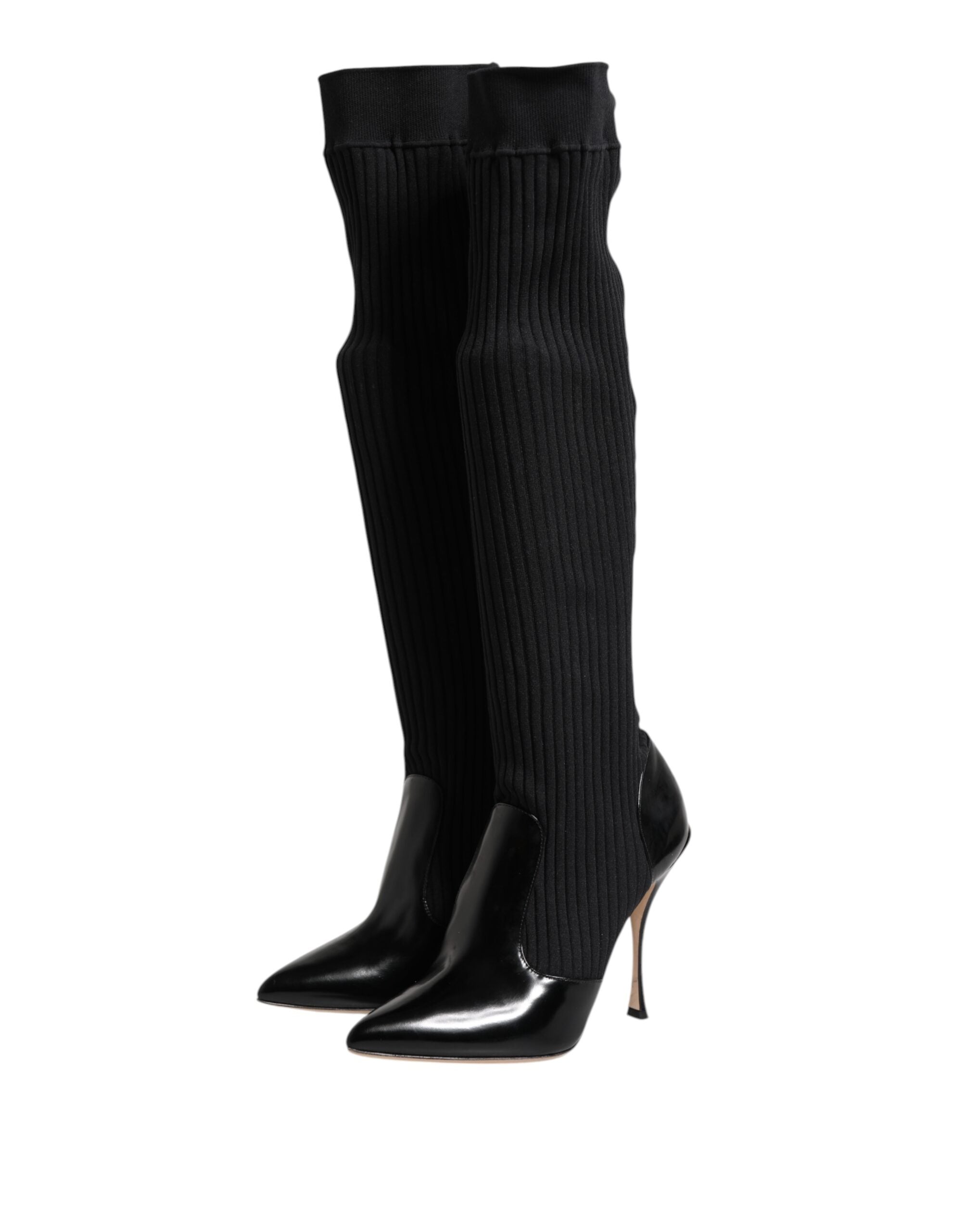 Bottes en cuir noir Dolce & Gabbana, mi-mollet, à rayures côtelées, chaussures élégantes pour femmes.