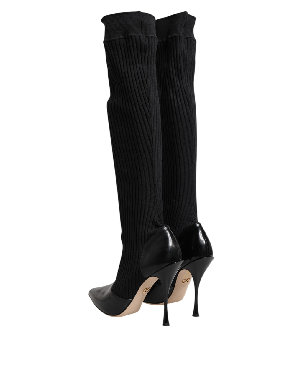Bottes hautes en cuir noir à côtes, bottines Dolce & Gabbana, style élégant et moderne.