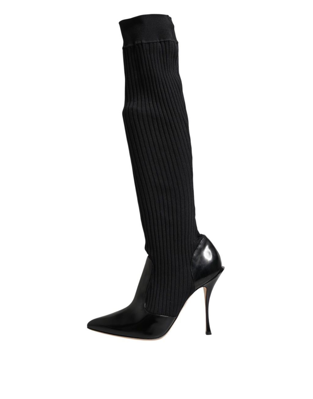 Bottes en cuir noir Dolce & Gabbana, bottines à talon avec empeigne en maille côtelée, chaussures élégantes et modernes