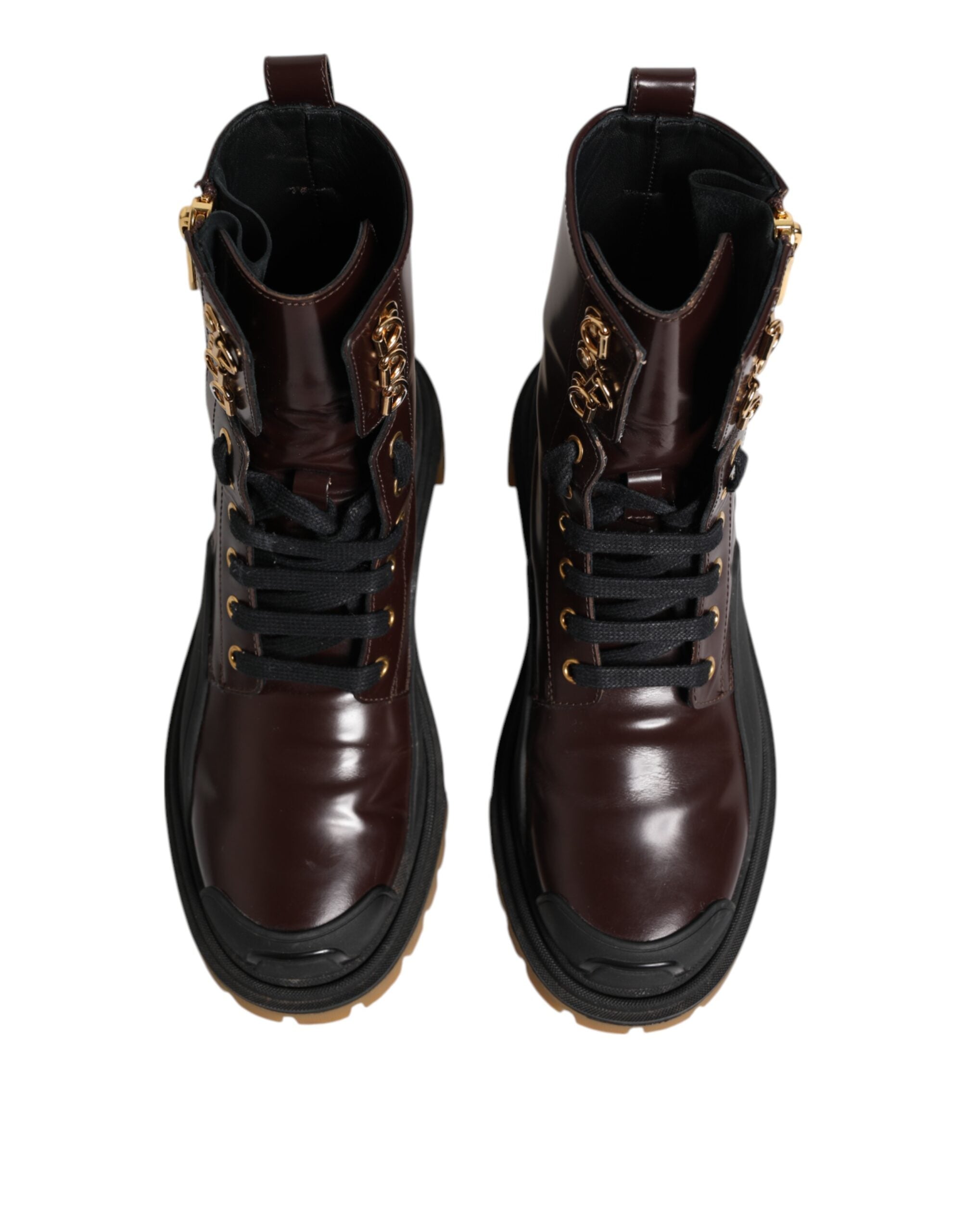 Bottes de moto en cuir marron bourgogne de Dolce & Gabbana, mi-mollet, avec détails en cuir et semelle robuste.