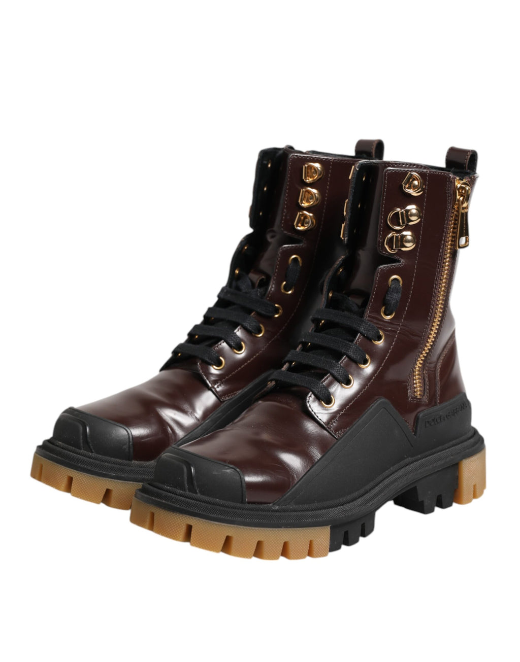Bottes en cuir marron biker mi-mollet Dolce & Gabbana, style robuste avec détails de fermeture éclair et semelle antidérapante.