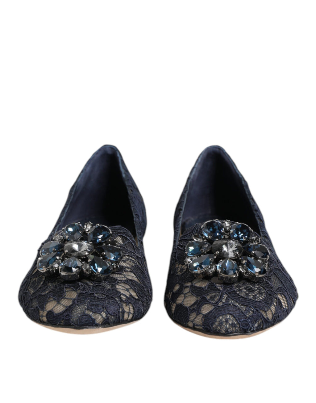 Chaussures plates Dolce & Gabbana Taormina Lace Crystals bleues avec broderies en dentelle et cristaux, vues de côté.