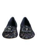 Chaussures plates Dolce & Gabbana Taormina Lace Crystals bleues avec broderies en dentelle et cristaux, vues de côté.