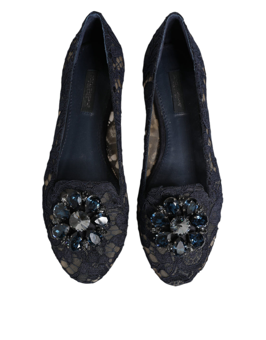 Chaussures plates en dentelle bleue Dolce & Gabbana Taormina avec cristaux, élégantes et raffinées, pour femmes.