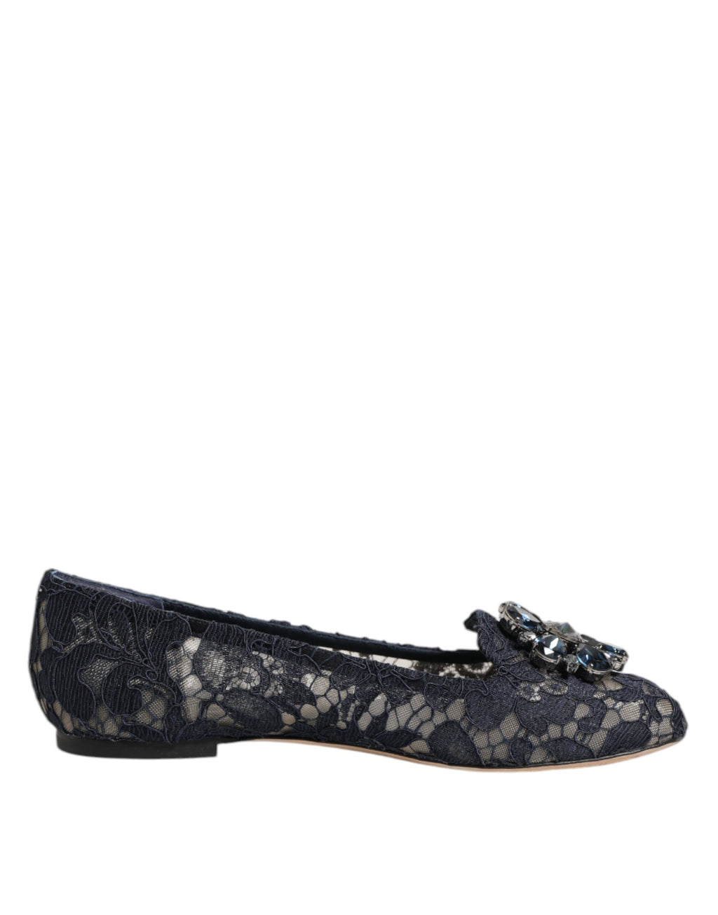 Chaussures plates Dolce & Gabbana Taormina en dentelle bleue avec cristaux, vues de dessus montrant le design élégant.