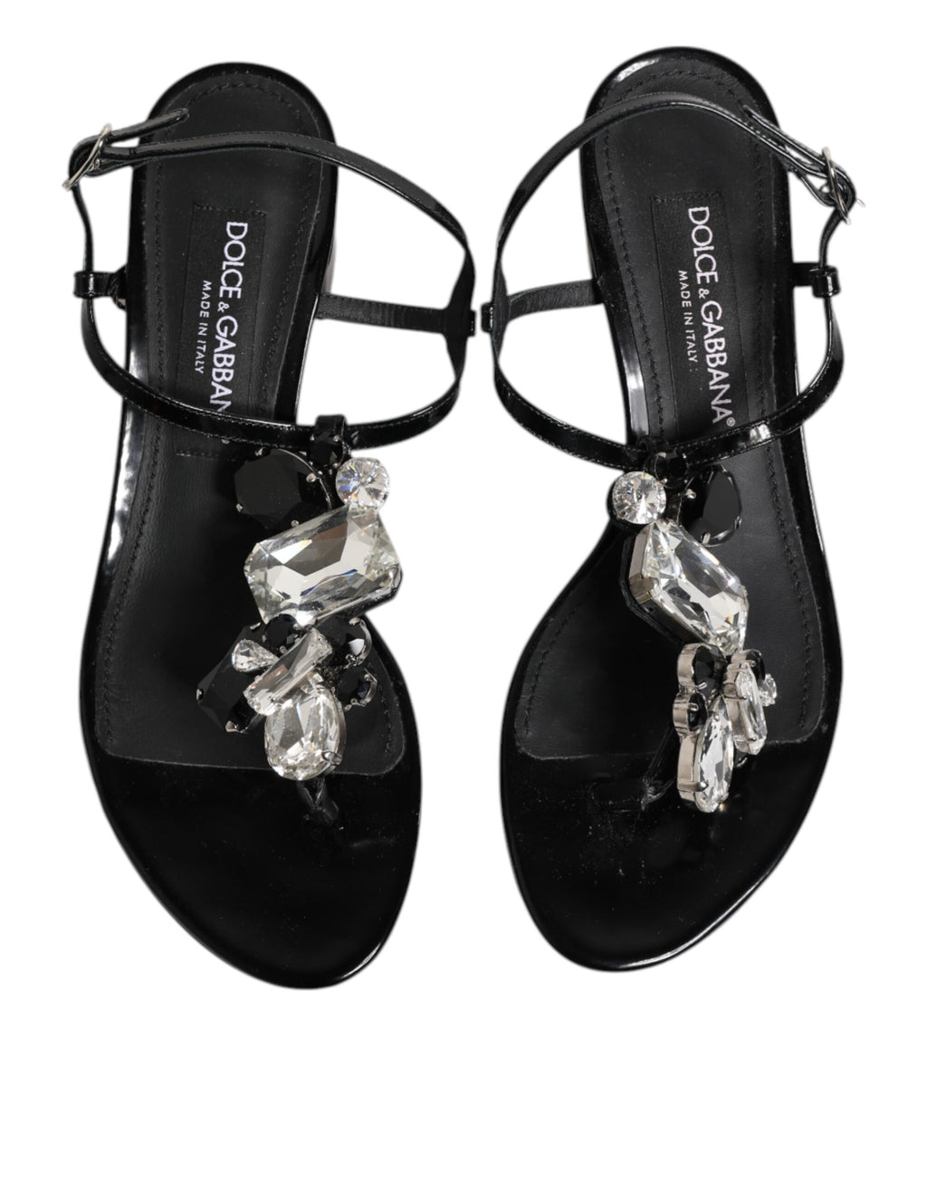 Sandales à talons en cuir noir de Dolce & Gabbana avec bride à la cheville ornée de cristaux.