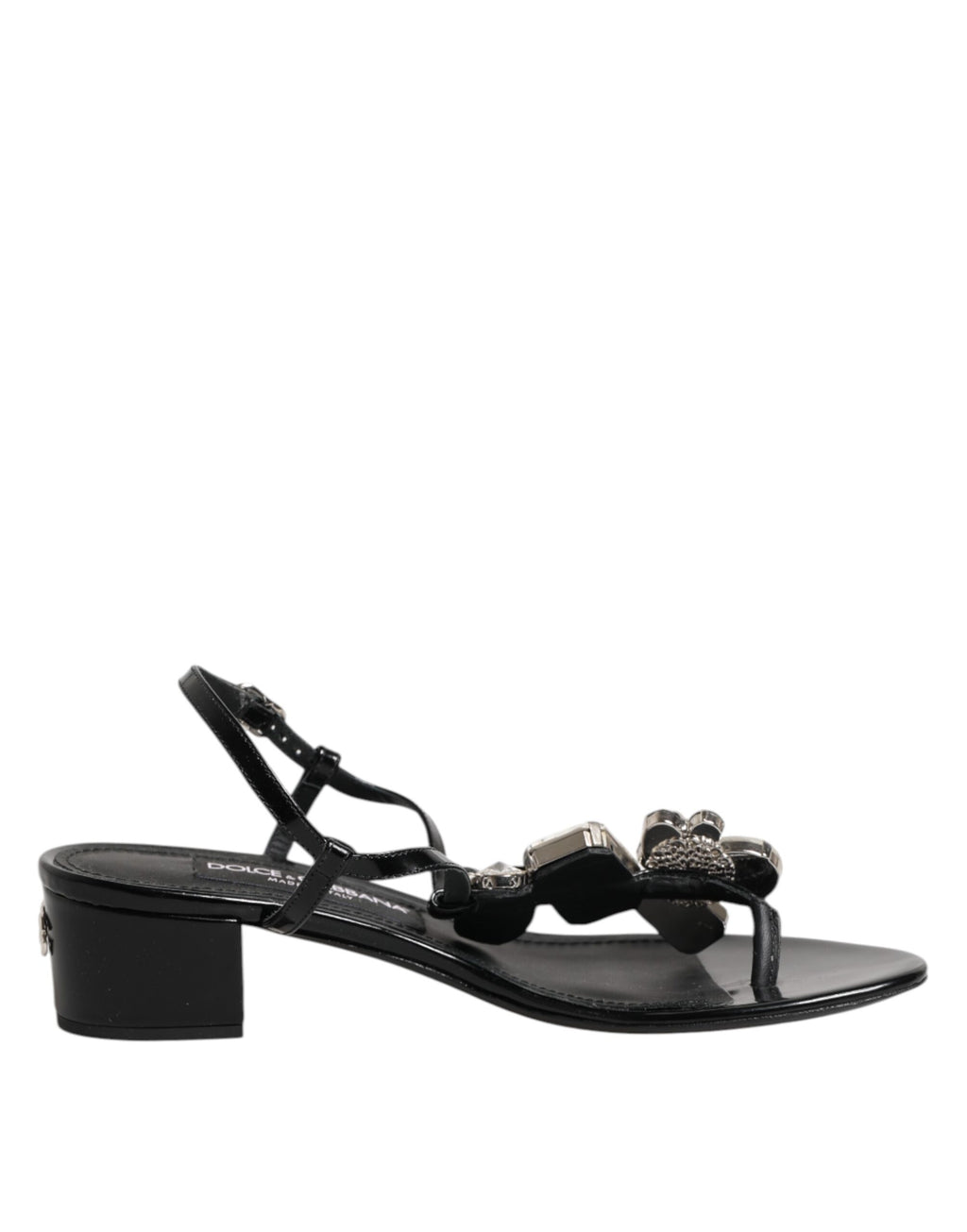 Sandales à talons noires en cuir de Dolce & Gabbana avec bride à la cheville ornée de cristaux élégants.