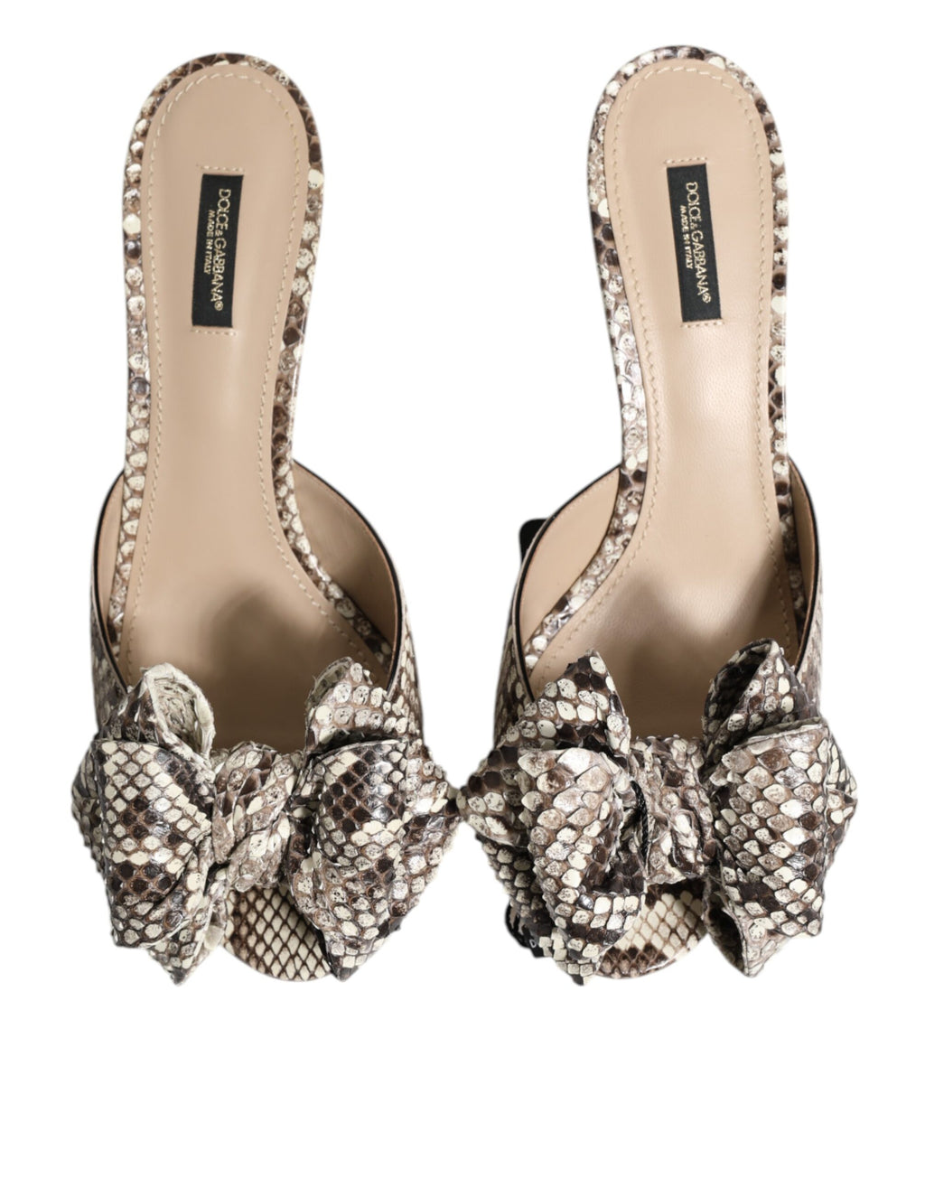 Mules peep-toe en cuir multicolore Dolce & Gabbana Keira Bow, élégantes et sophistiquées, vues de côté sur fond neutre.