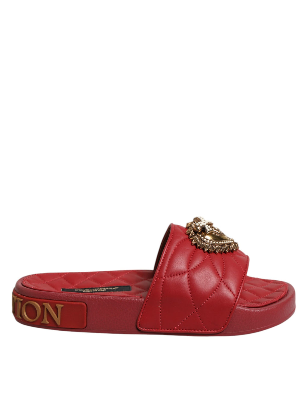 Sandales en cuir matelassé rouge Dolce & Gabbana Devotion, chaussures de slide élégantes avec logo de la marque.