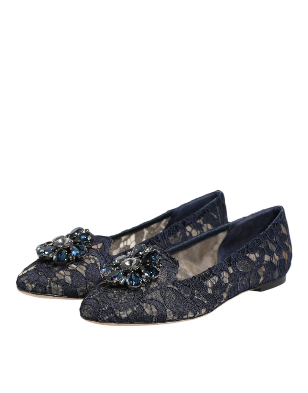 Chaussures plates Dolce & Gabbana Taormina en dentelle bleue avec cristaux, élégantes et raffinées pour femme.