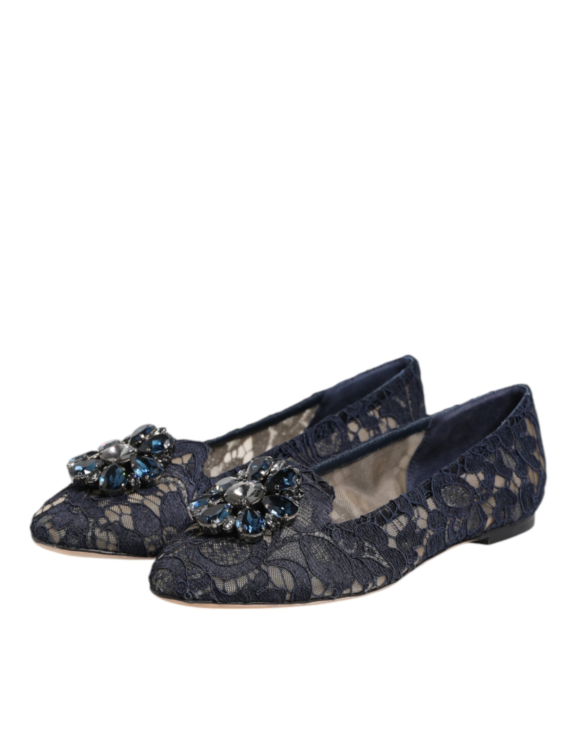 Chaussures plates Dolce & Gabbana Taormina en dentelle bleue avec cristaux, élégantes et raffinées pour femme.
