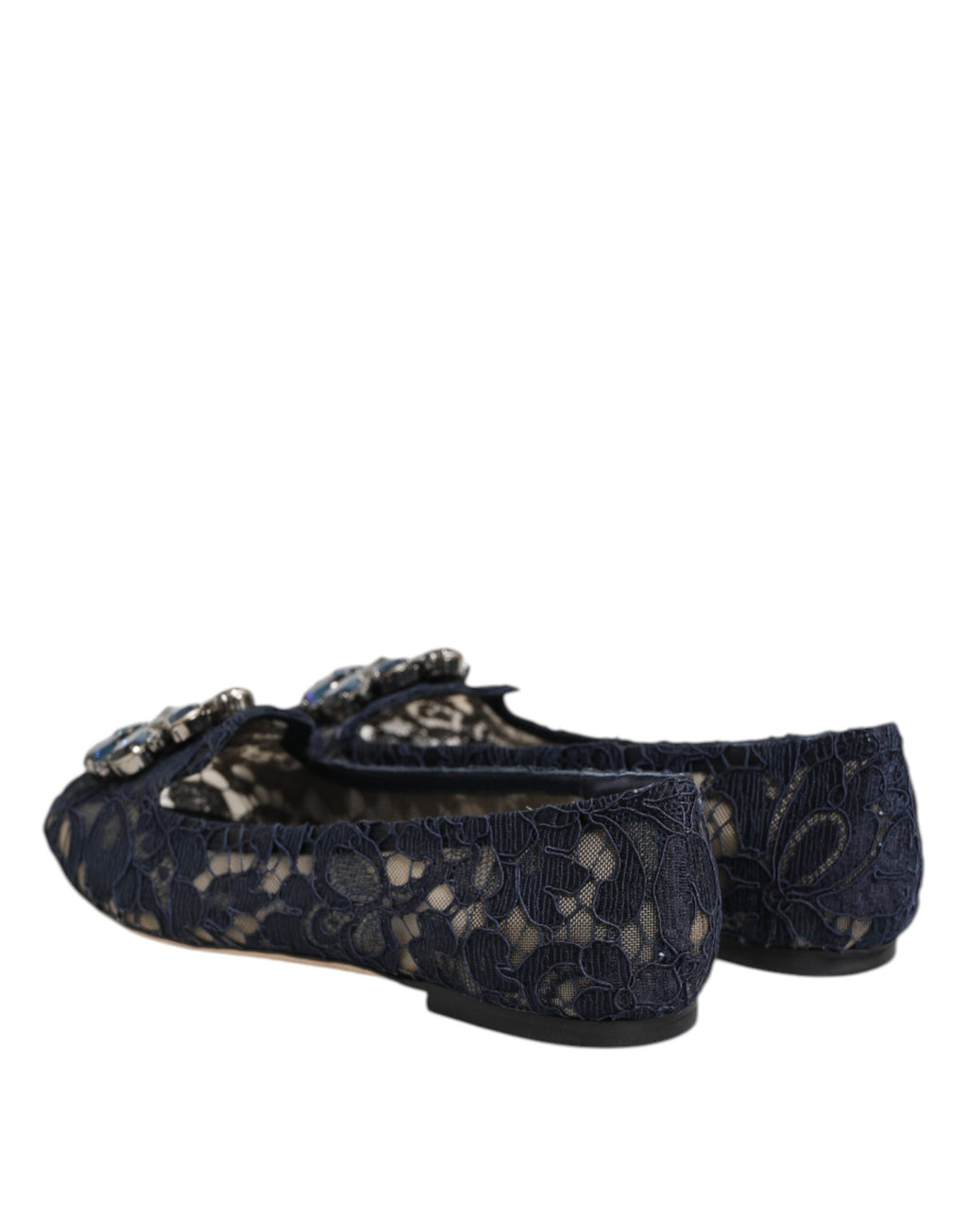 Chaussures plates Dolce & Gabbana Taormina en dentelle bleue avec cristaux, élégantes et raffinées.