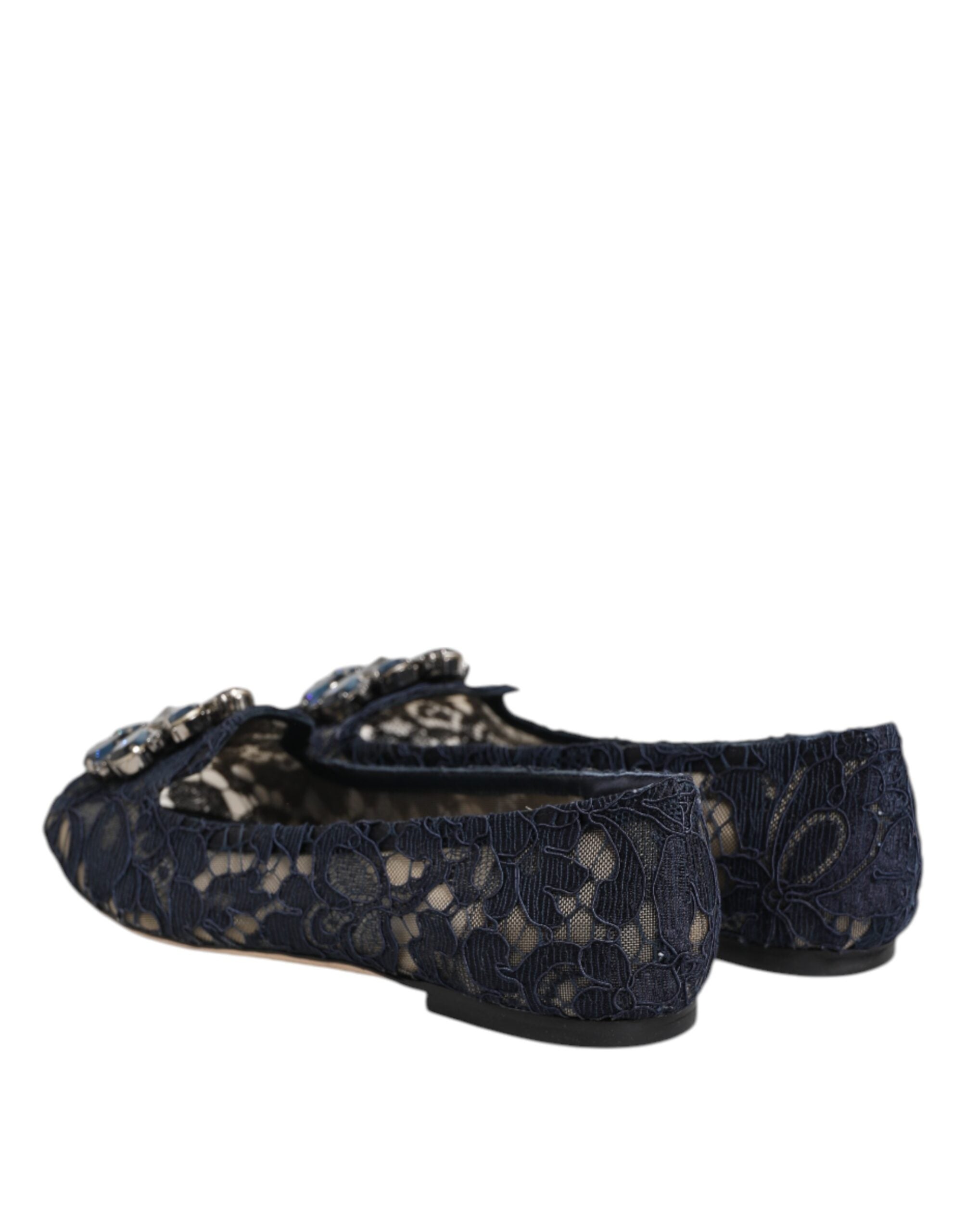 Chaussures plates Dolce & Gabbana Taormina en dentelle bleue avec cristaux, élégantes et raffinées.