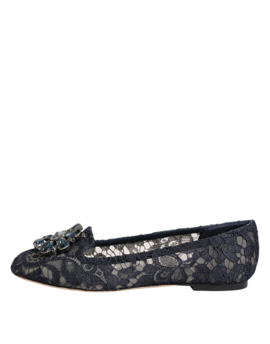 Chaussures plates Dolce & Gabbana Taormina en dentelle bleue avec cristaux, élégantes et raffinées.