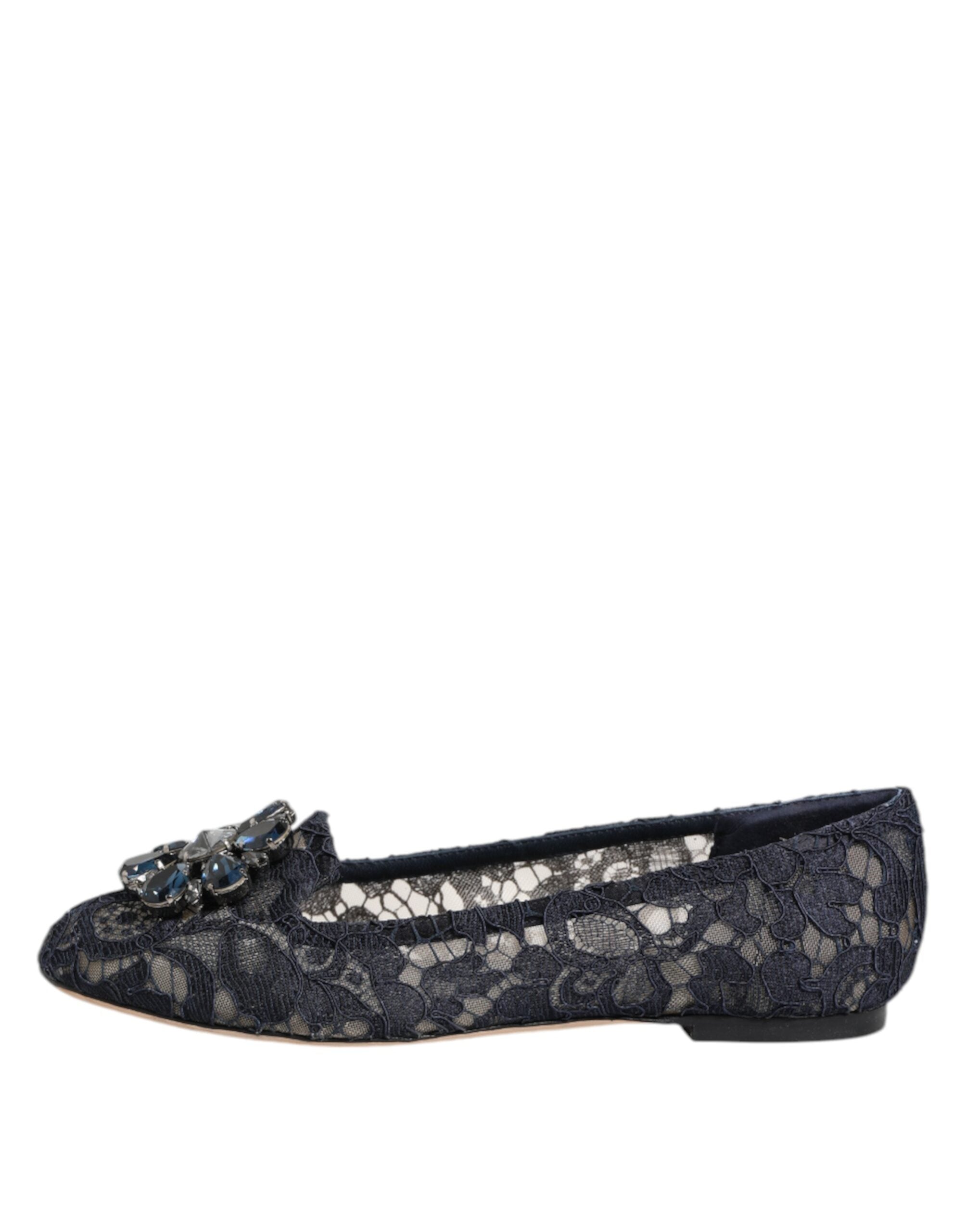 Chaussures plates Dolce & Gabbana Taormina en dentelle bleue avec cristaux, élégantes et raffinées.