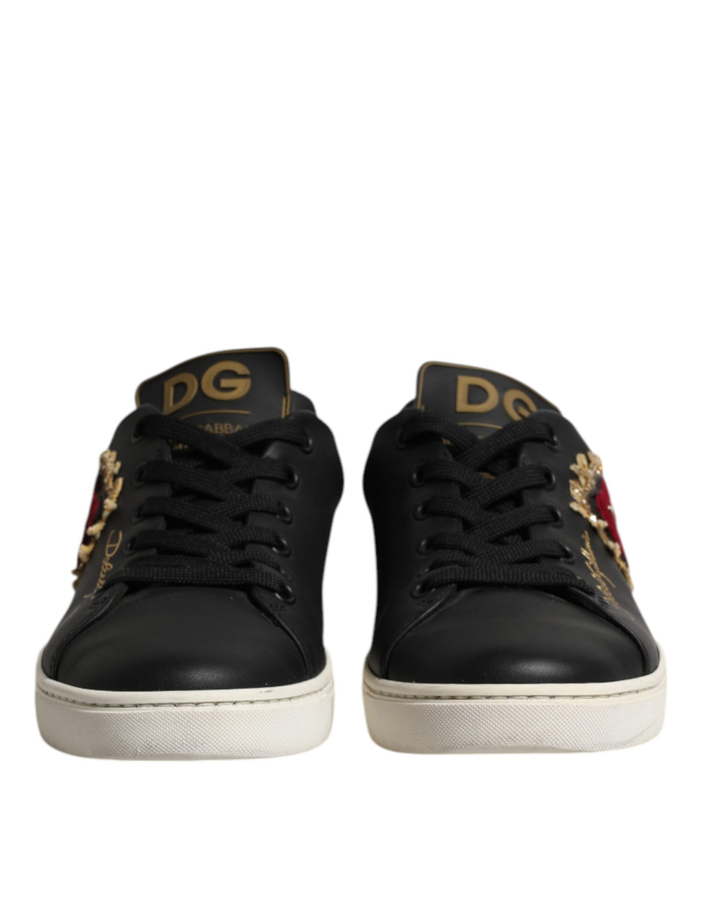 Chaussures sneakers en cuir noir Dolce & Gabbana Sacred Heart, avec détails élégants et logo de la marque visible.