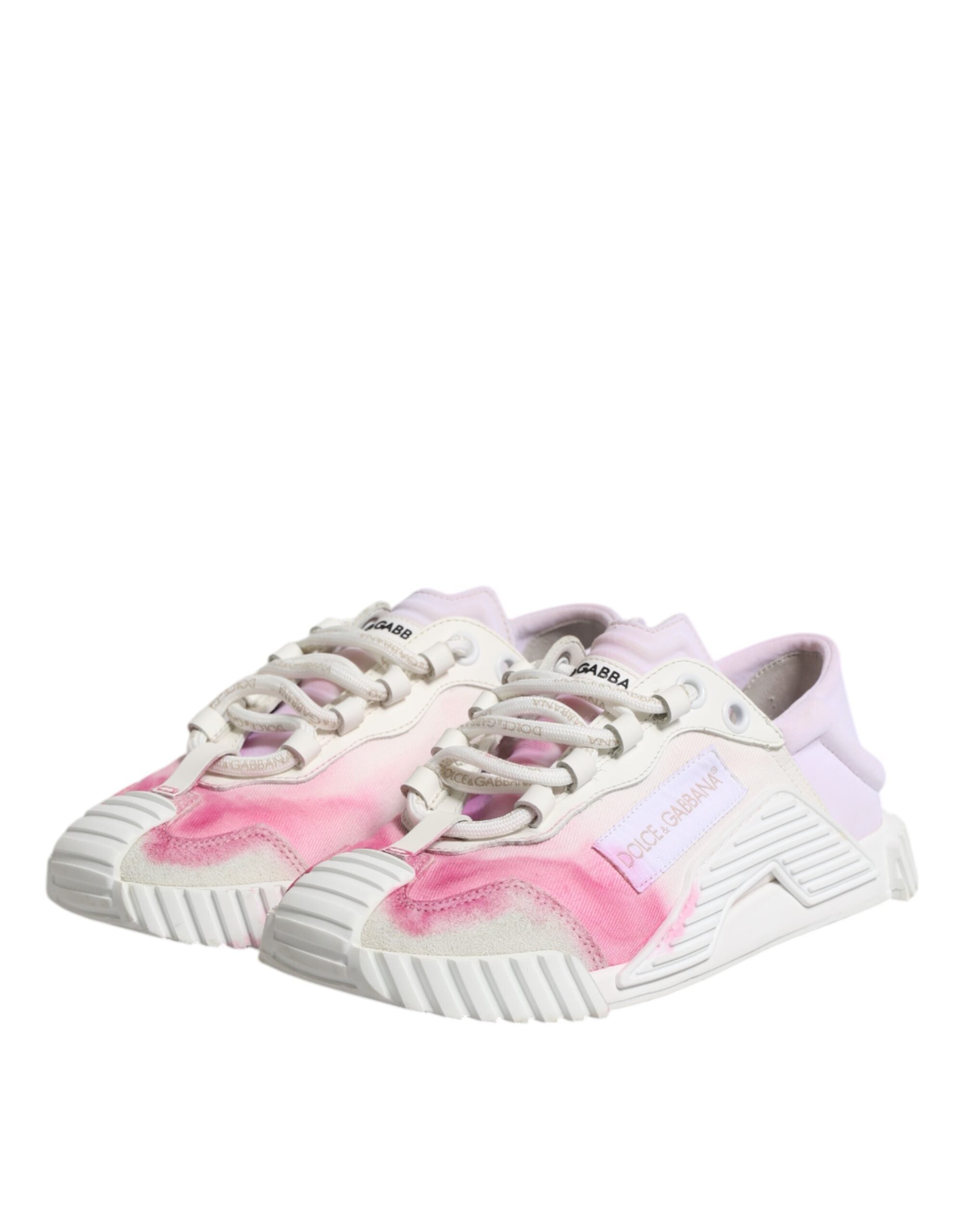 Chaussures sneakers basses blanches Dolce & Gabbana NS1 en dentelle avec lacets, vue de face.