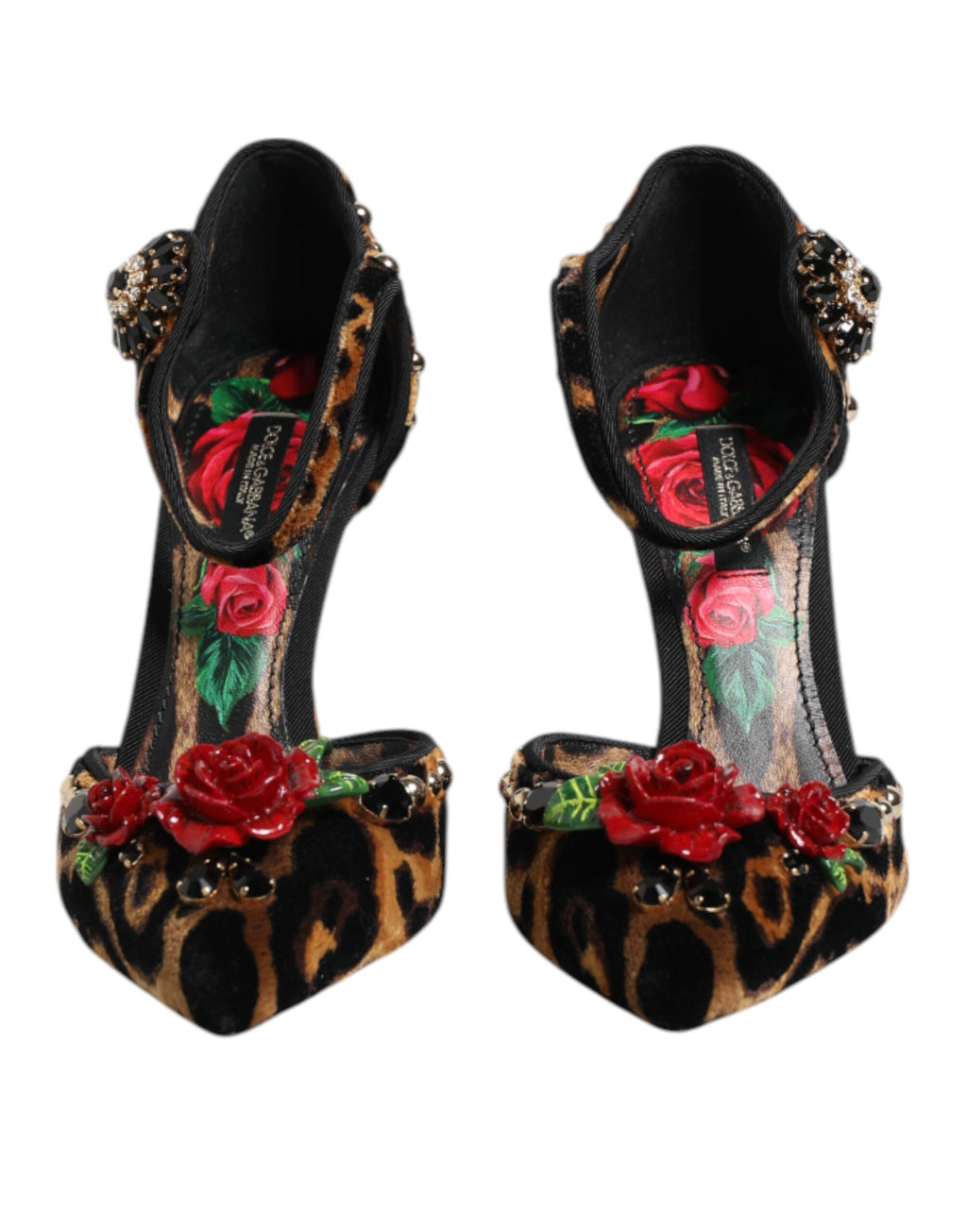 Chaussures à talons Dolce & Gabbana en cuir marron avec motif léopard, ornées de cristaux et roses, style élégant et sophistiqué.