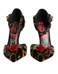 Chaussures à talons Dolce & Gabbana en cuir marron avec motif léopard, ornées de cristaux et roses, style élégant et sophistiqué.