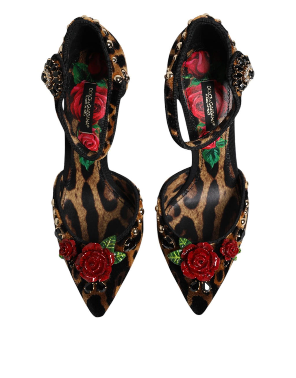 Chaussures Dolce & Gabbana roses en cristal, talons leopard marron, élégantes pumps à motifs sauvages et détails brillants.