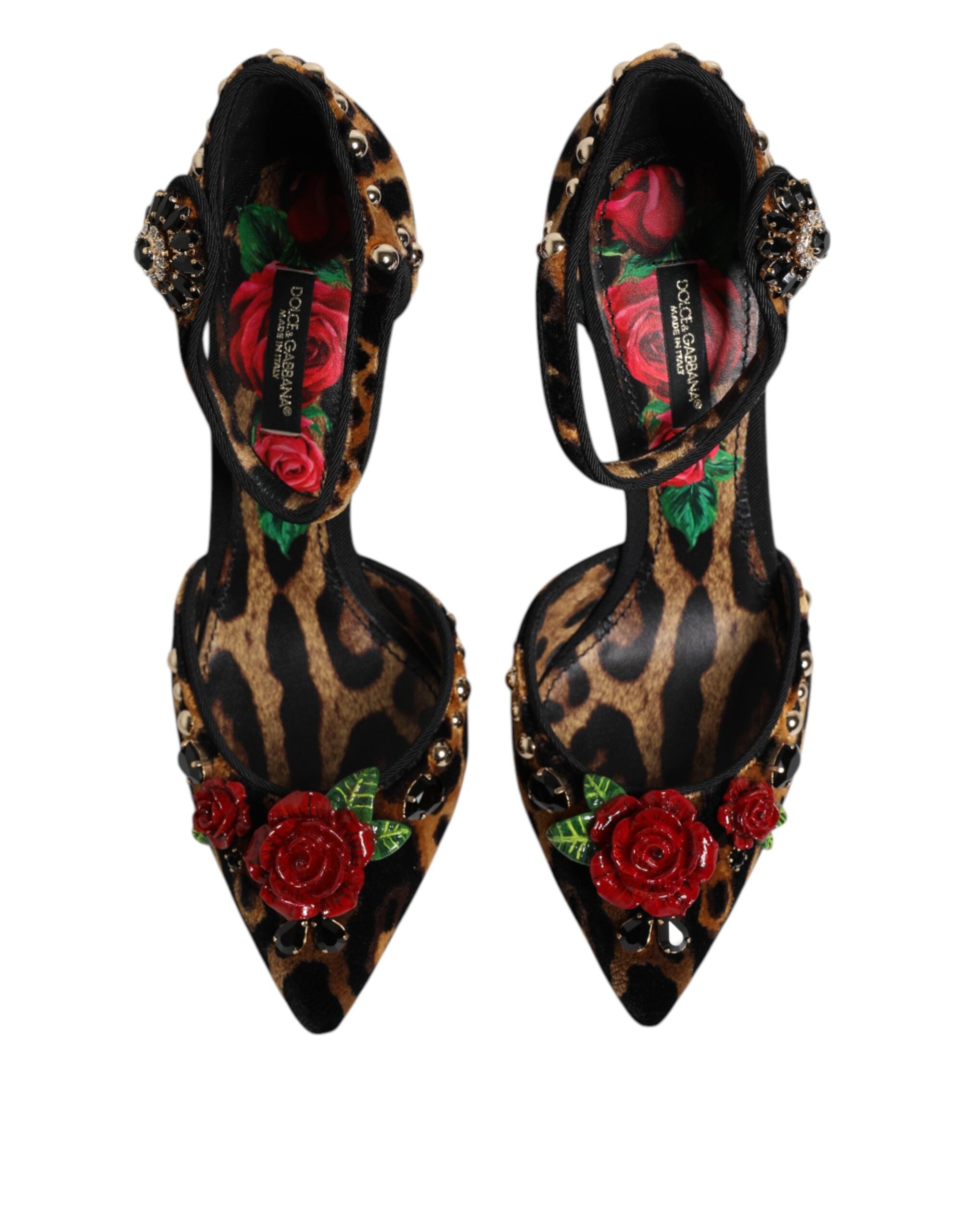 Chaussures Dolce & Gabbana roses en cristal, talons leopard marron, élégantes pumps à motifs sauvages et détails brillants.