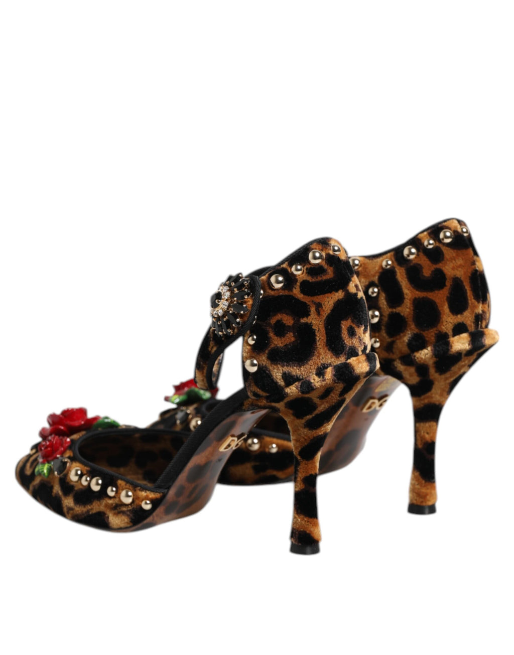Chaussures à talons Dolce & Gabbana en cuir marron avec motif léopard, ornées de cristaux et roses, pour femmes.