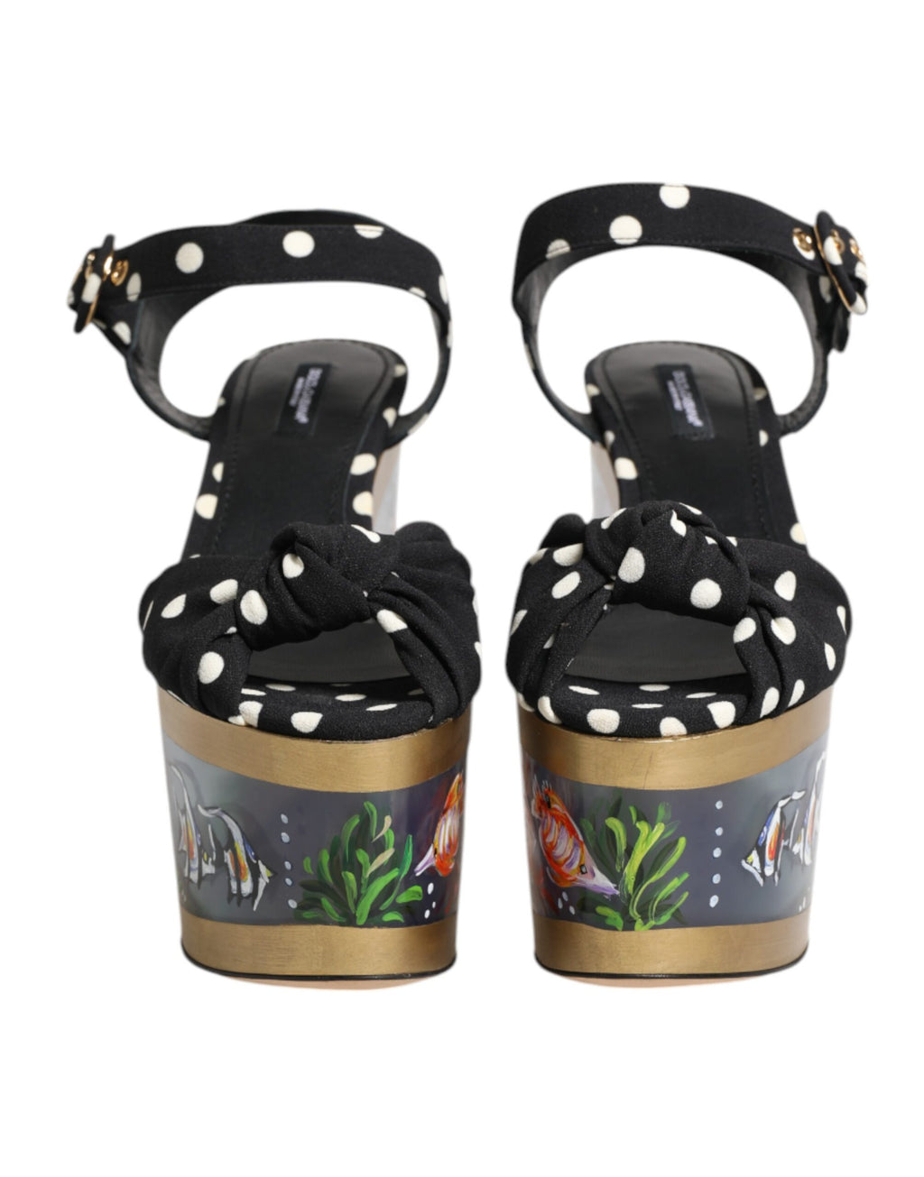 Sandales à talons Dolce & Gabbana à motifs poissons multicolores et pois, chaussures élégantes pour femmes.