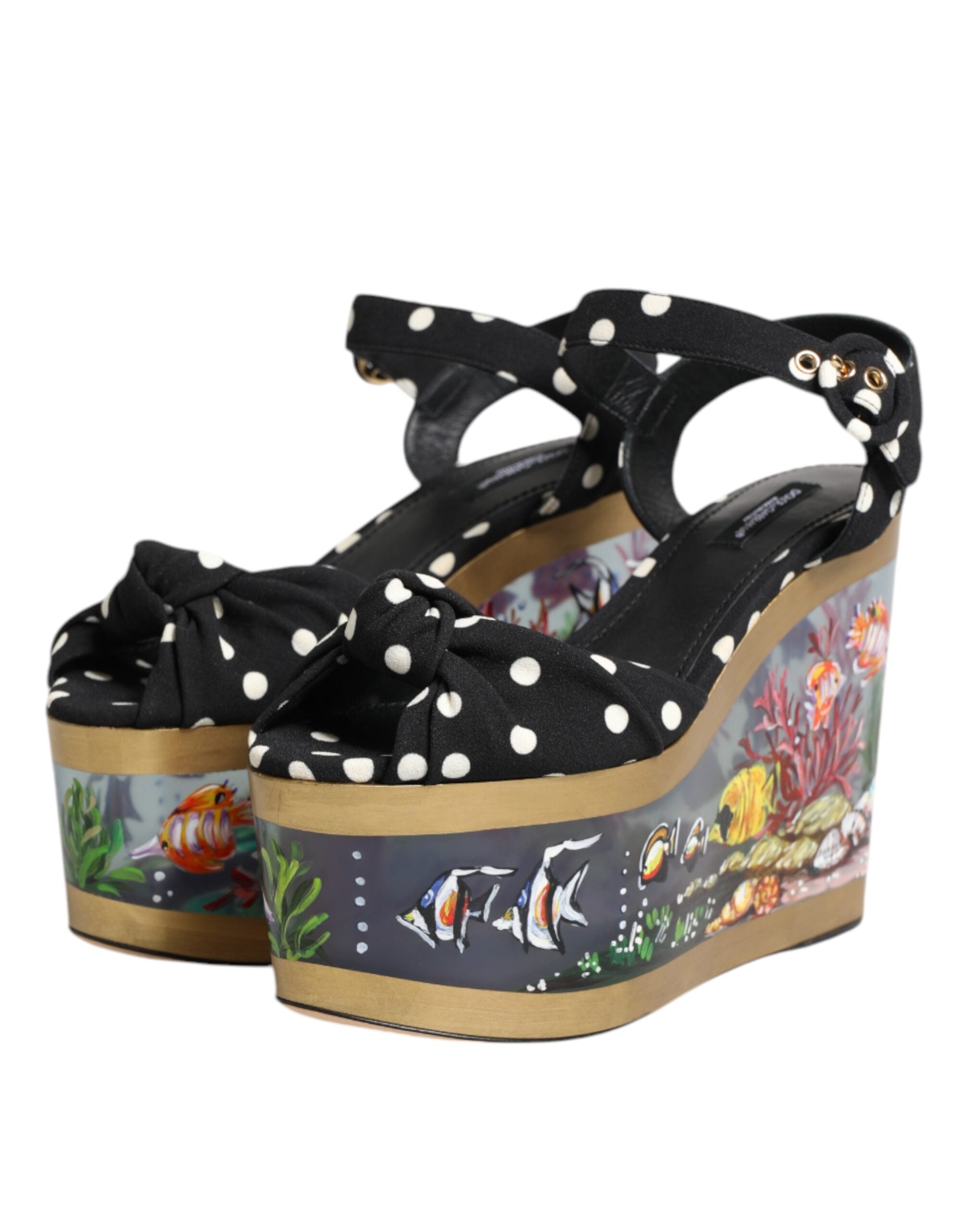 Sandales à talons compensés Dolce & Gabbana à pois multicolores et motif poisson, chaussures élégantes pour femme