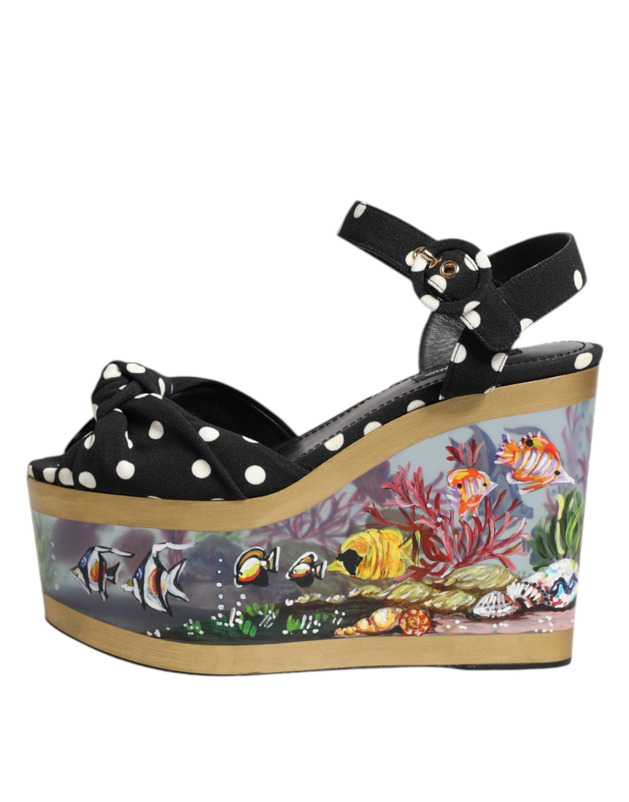 Sandales à talons Dolce & Gabbana à pois multicolores et motif poisson, chaussures élégantes pour femmes.