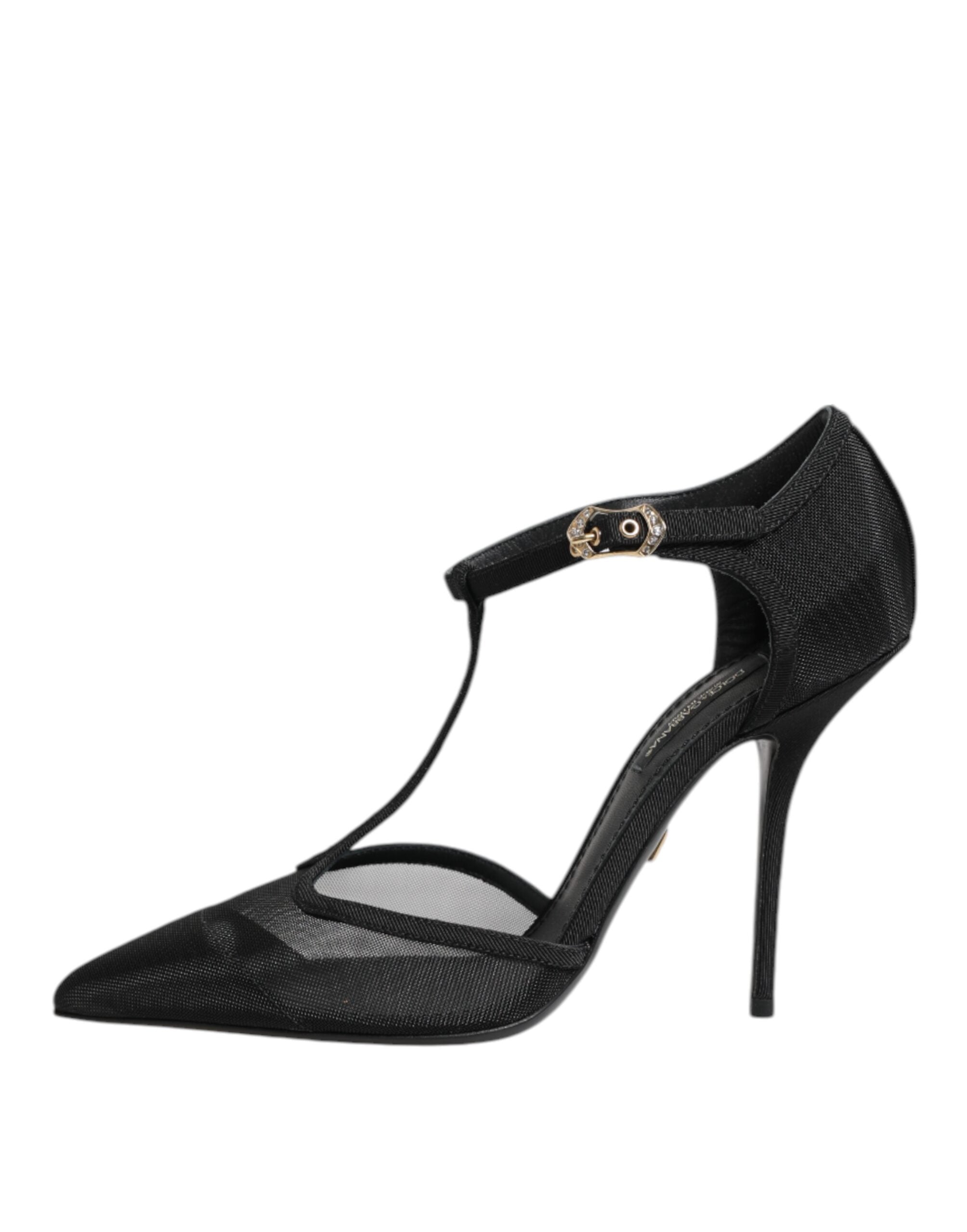 Chaussures stilettos à talon haut en résille noire et bride T de Dolce & Gabbana, élégantes et sophistiquées.