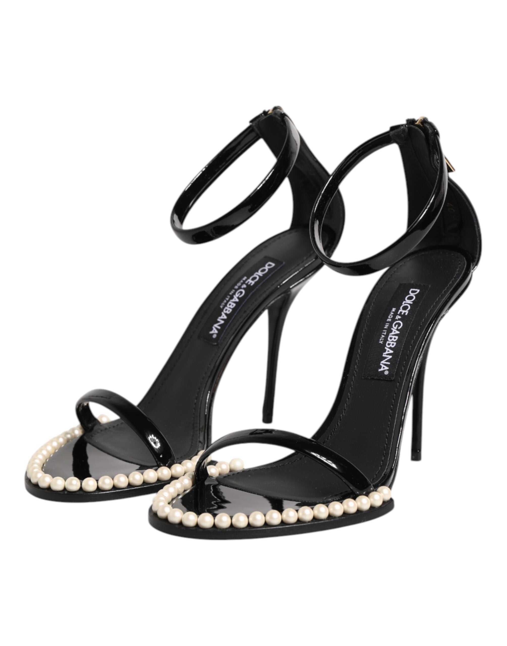 Sandales noires Dolce & Gabbana KEIRA avec perles ornementales, chaussures élégantes en cuir avec détails brillants.