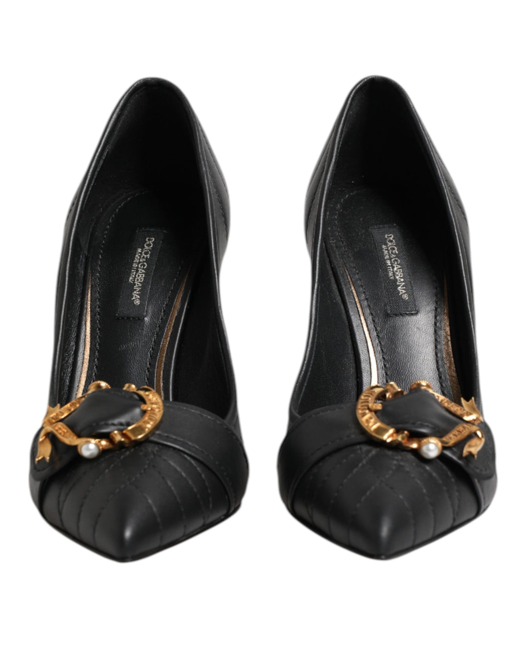 Chaussures Dolce & Gabbana noires en cuir Devotion, talons hauts élégants et sophistiqués, vues de face.