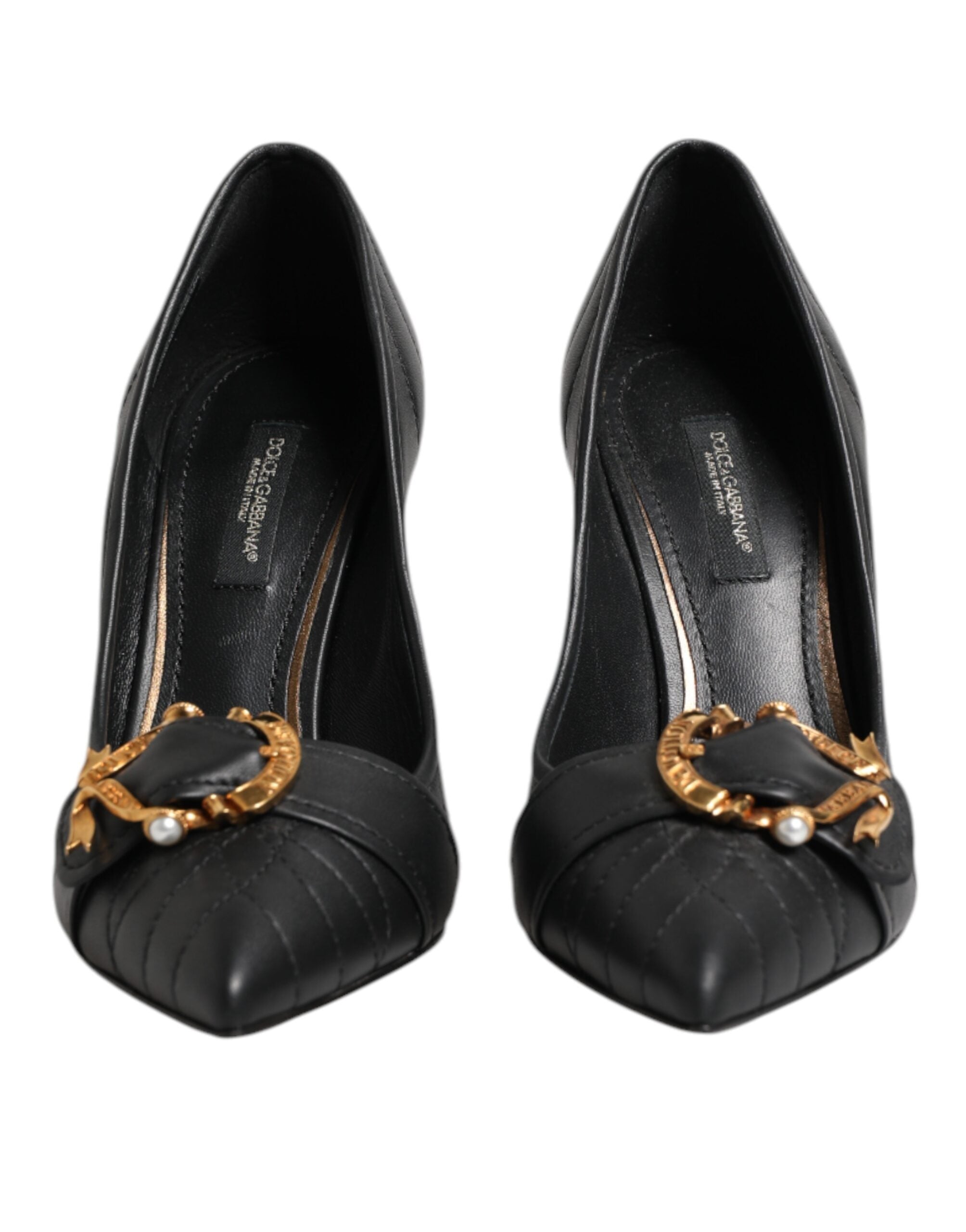 Chaussures Dolce & Gabbana noires en cuir Devotion, talons hauts élégants et sophistiqués, vues de face.