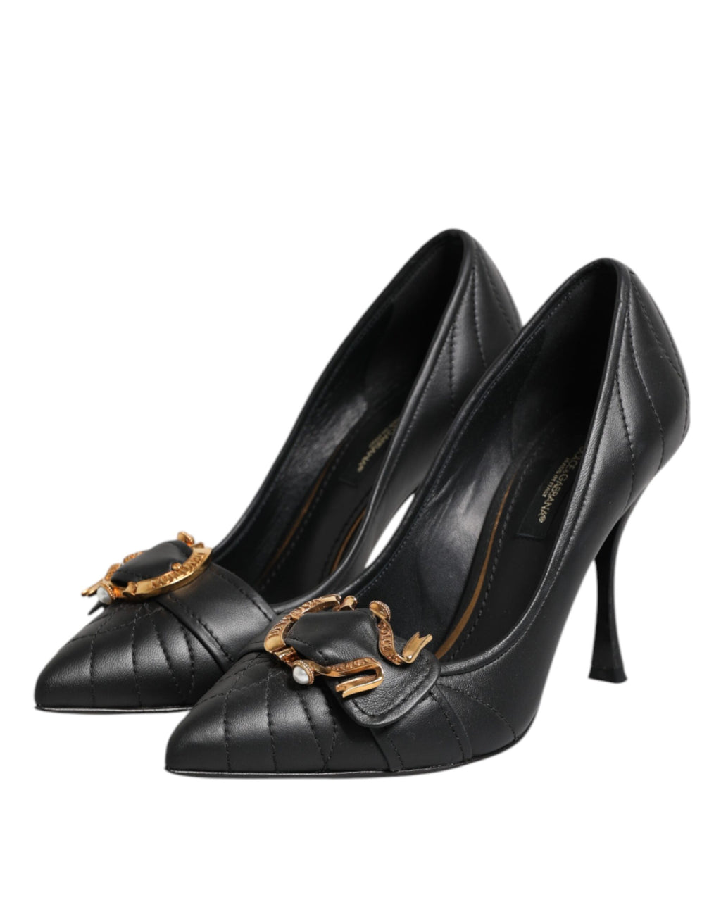 Chaussures à talons noires Dolce & Gabbana Devotion en cuir, élégantes et sophistiquées, vues de côté sur fond blanc.