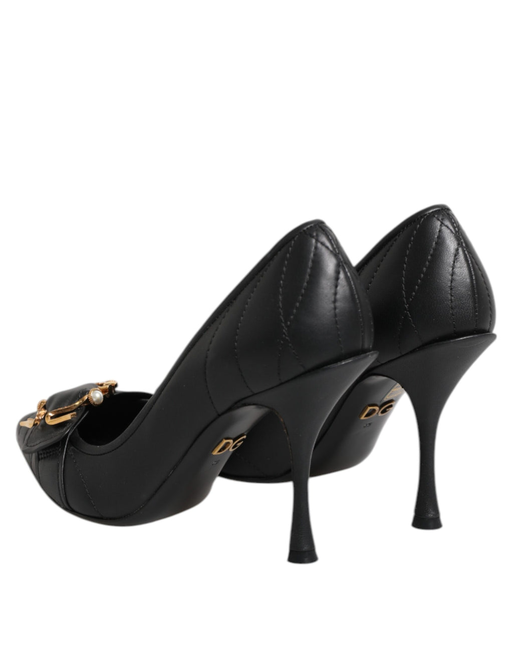 Chaussures à talons noires Dolce & Gabbana Devotion en cuir, élégantes et sophistiquées, vues de face sur fond blanc.