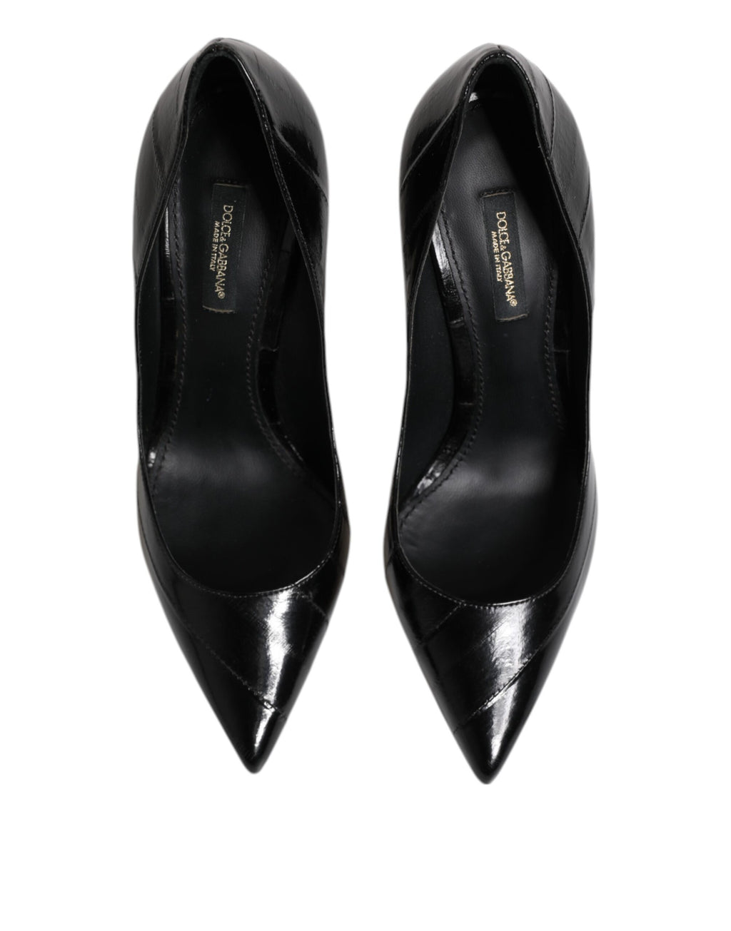 Chaussures à talons aiguilles en cuir noir de la marque Dolce & Gabbana, stilettos élégants pour femmes.