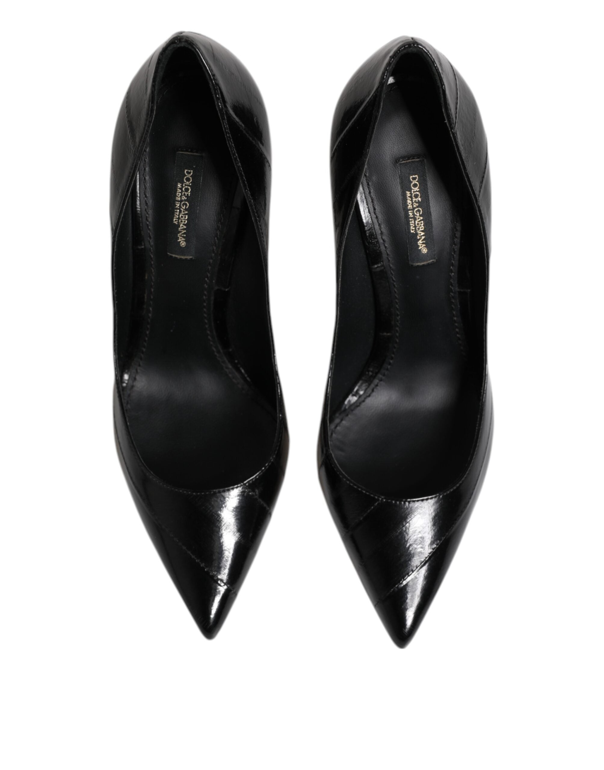 Chaussures à talons aiguilles en cuir noir de la marque Dolce & Gabbana, stilettos élégants pour femmes.