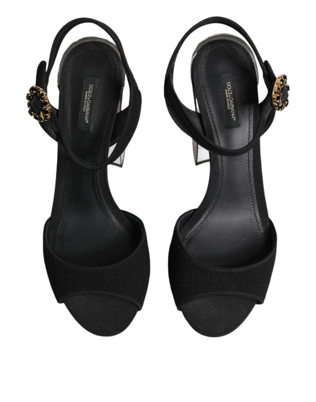 Sandales à talons noirs Dolce & Gabbana Keira avec bride à la cheville ornée de cristaux, élégantes et sophistiquées.