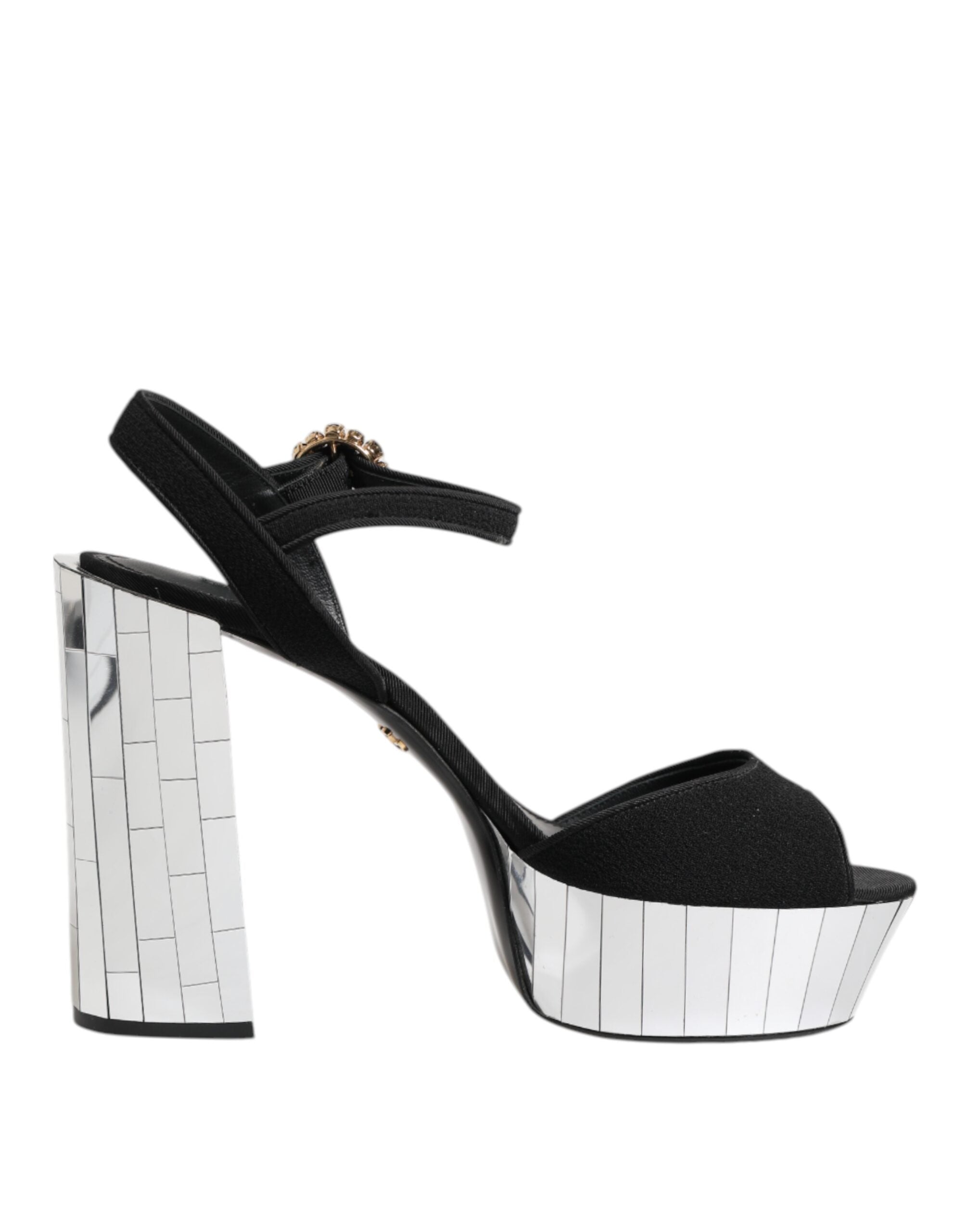 Chaussures Sandales à talons Dolce & Gabbana Keira en cuir noir avec bride à cristaux et talon moyen, vue de côté.