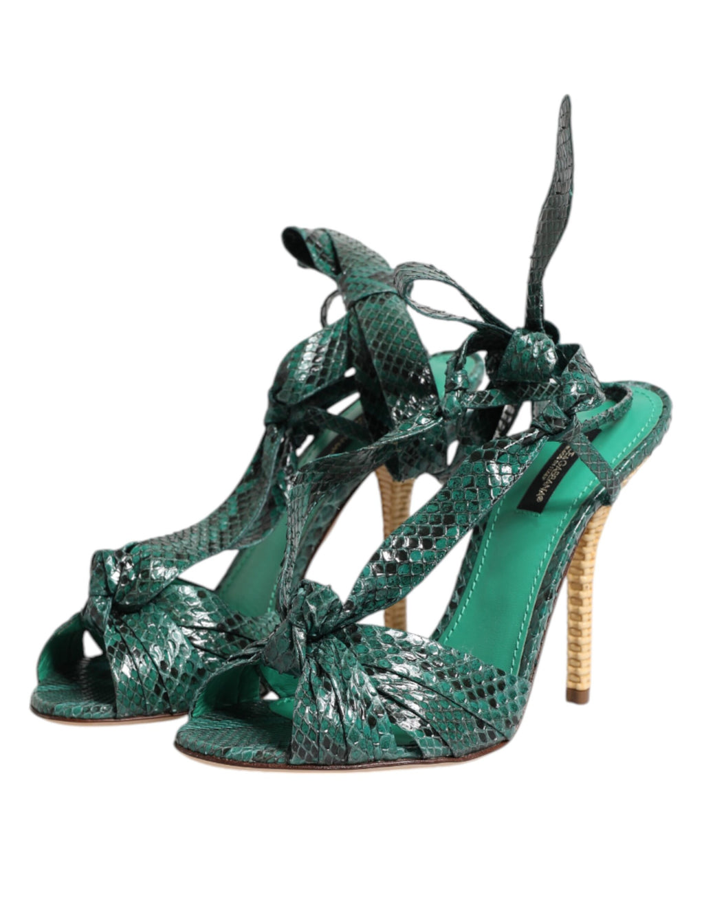 Sandales à talons en cuir de python vert Dolce & Gabbana, chaussures élégantes avec design sophistiqué et finition de luxe.