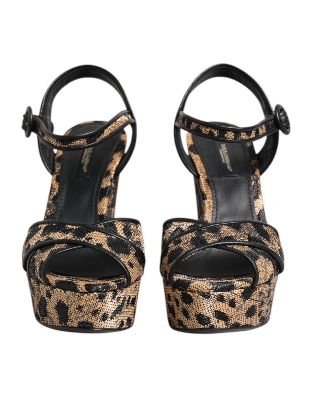 Sandales à talons Dolce & Gabbana en daim brun avec motif léopard et bride à la cheville.