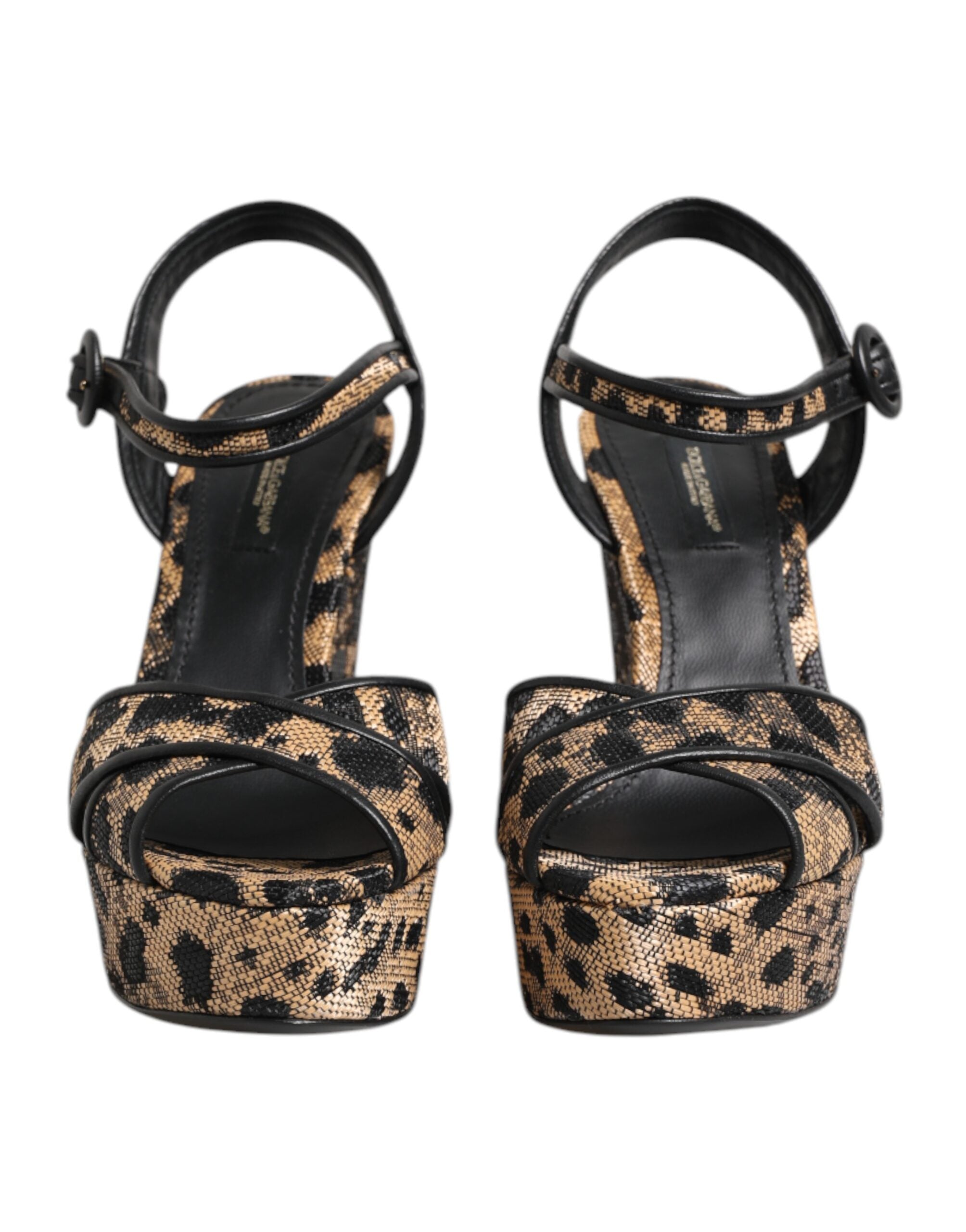 Sandales à talons Dolce & Gabbana en daim brun avec motif léopard et bride à la cheville.