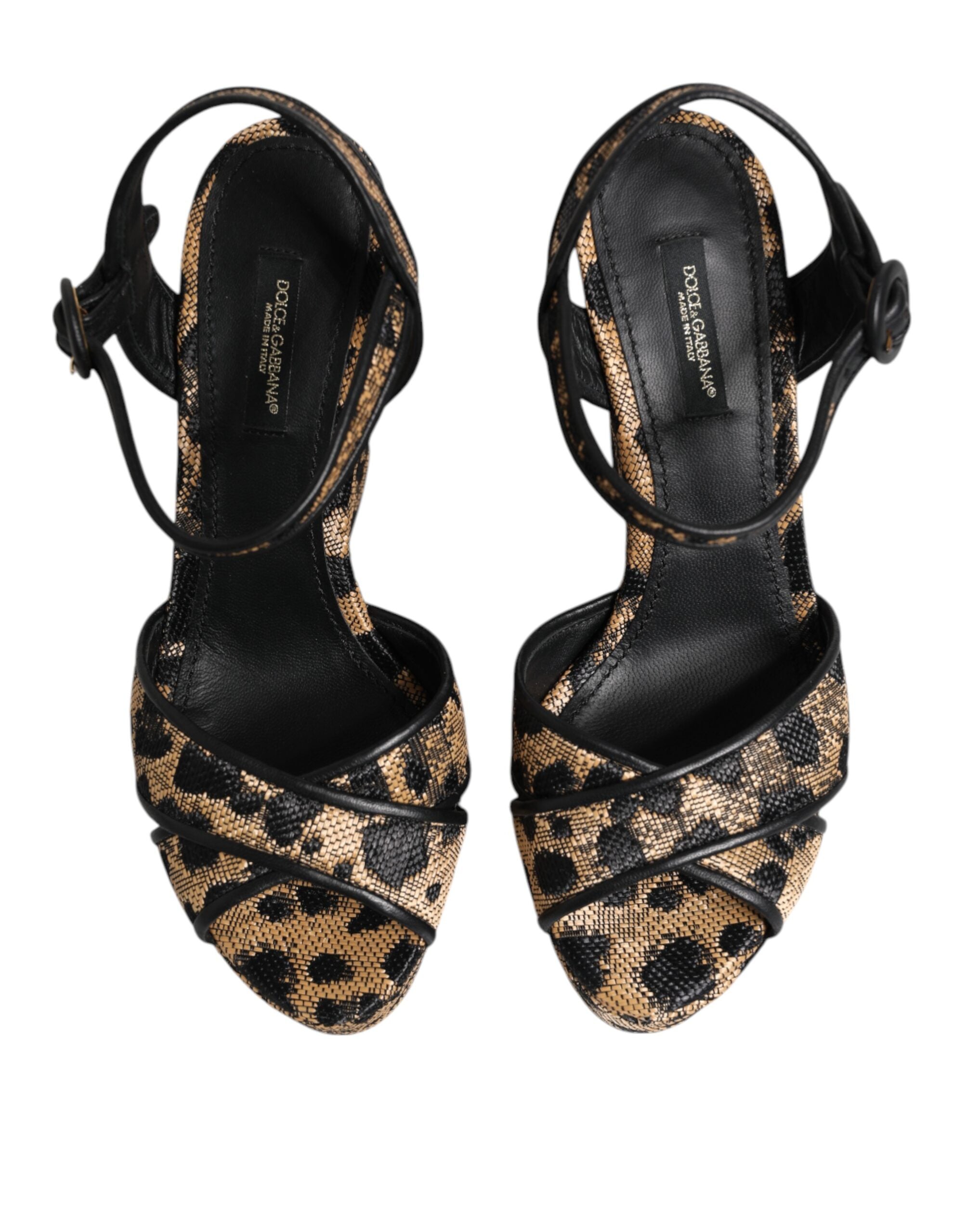 Sandales à talons Dolce & Gabbana en cuir marron avec imprimé léopard, bride à la cheville et plateforme.