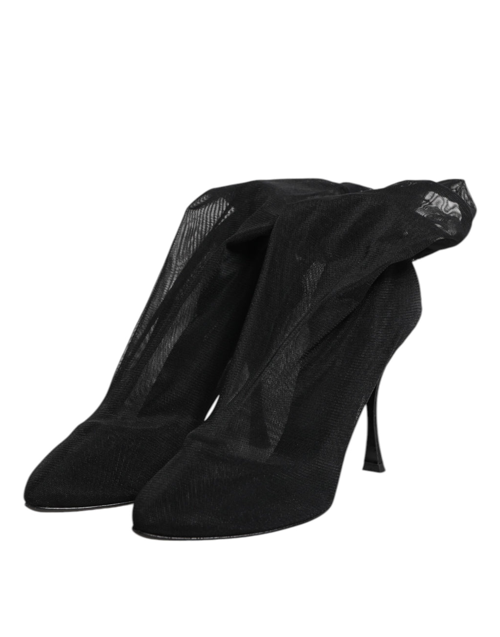 Chaussures bottines en mesh stretch en soie noire Dolce & Gabbana avec talons, vues de face sur fond blanc.