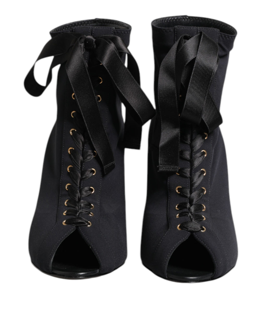 Chaussures Dolce & Gabbana : bottines noires à talons stilettos avec lacets, en cuir élégant.